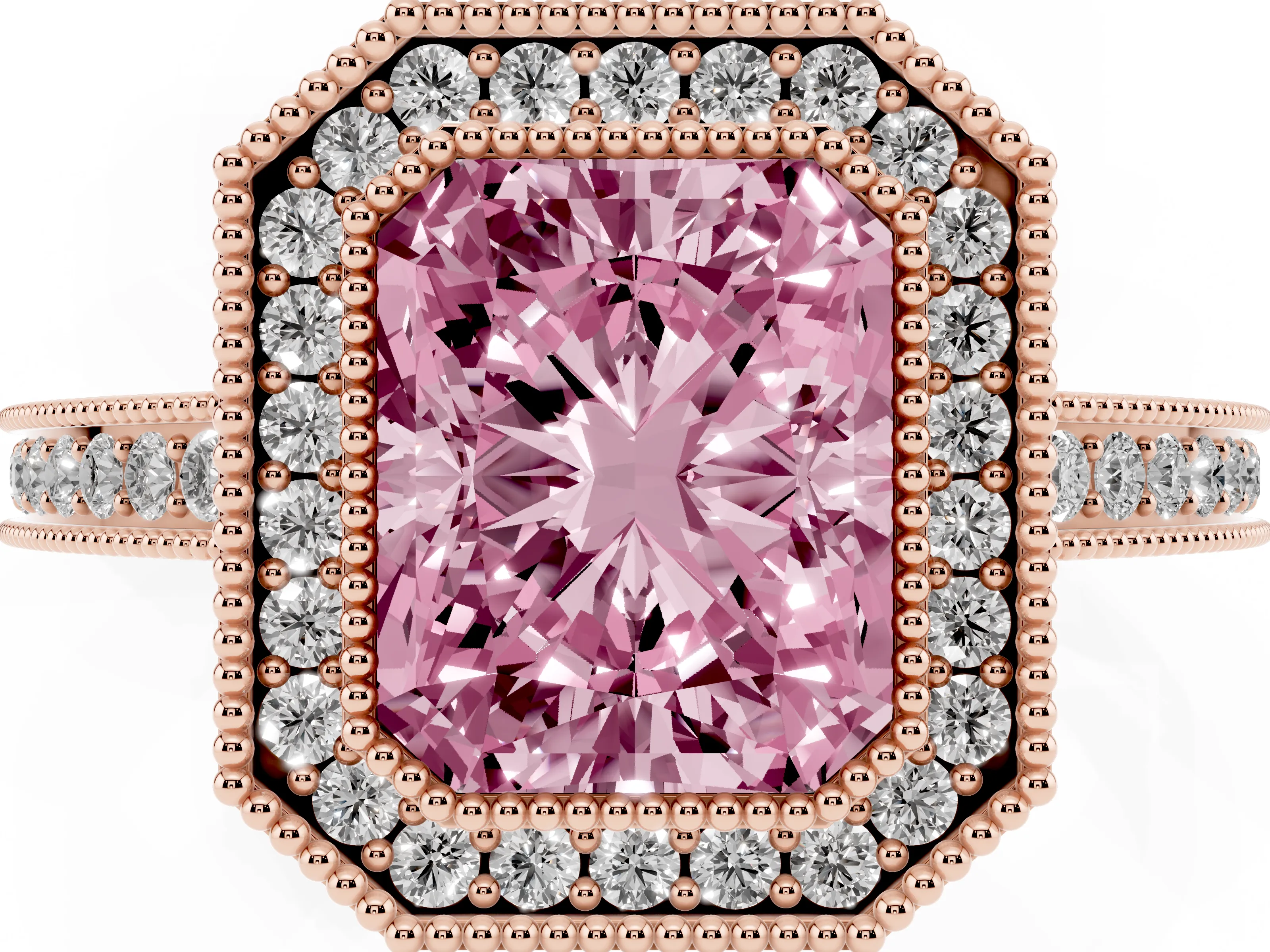 Fancy Pink Radiant Cut Diamond Halo Ring Set in Rose gold with Pavé Band and Milgrain-Edged Prongs