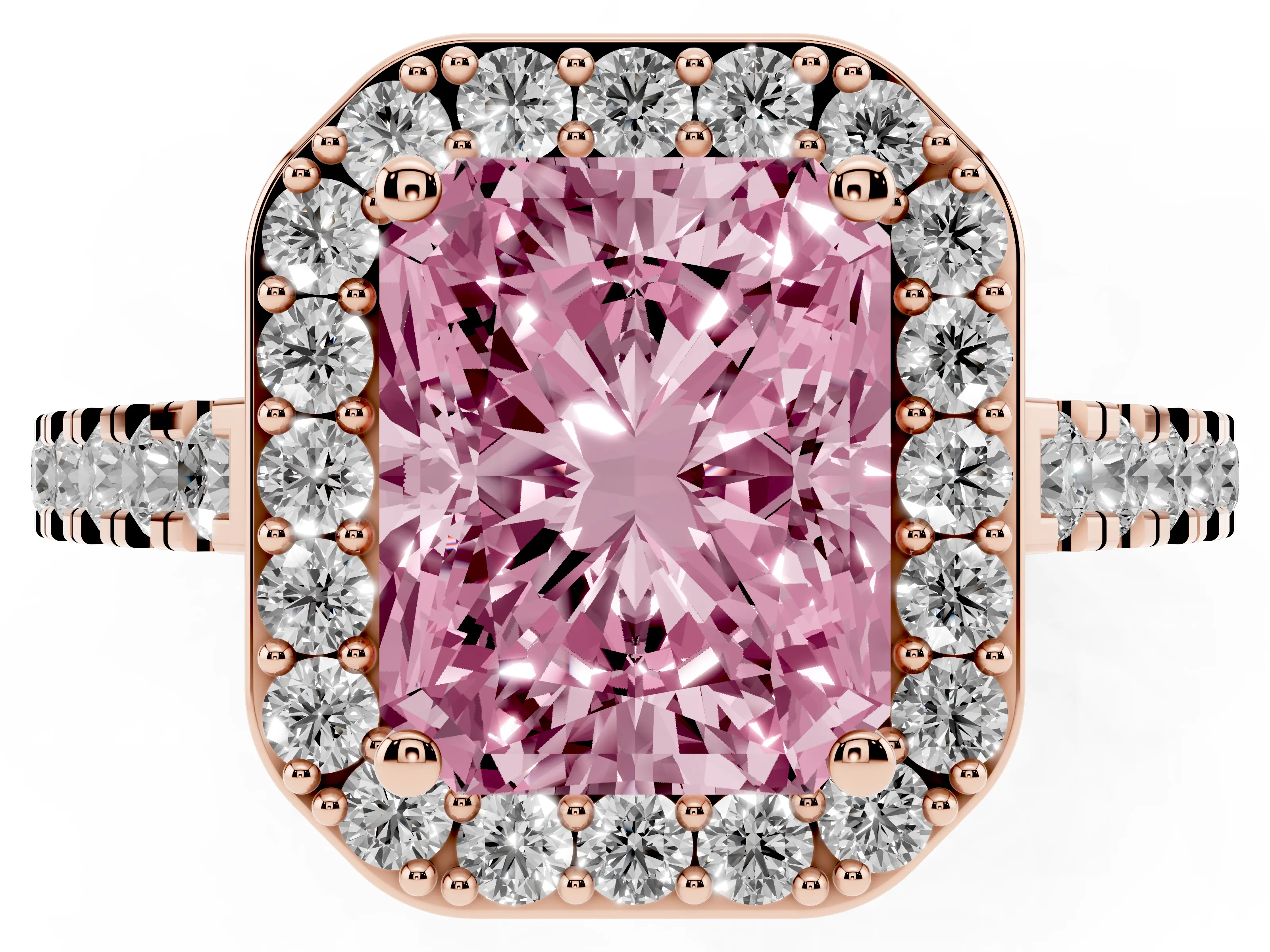 Fancy Pink Radiant Cut Diamond Halo Ring Set in Rose gold with Round Pavé Split Shank and Prong Setting
