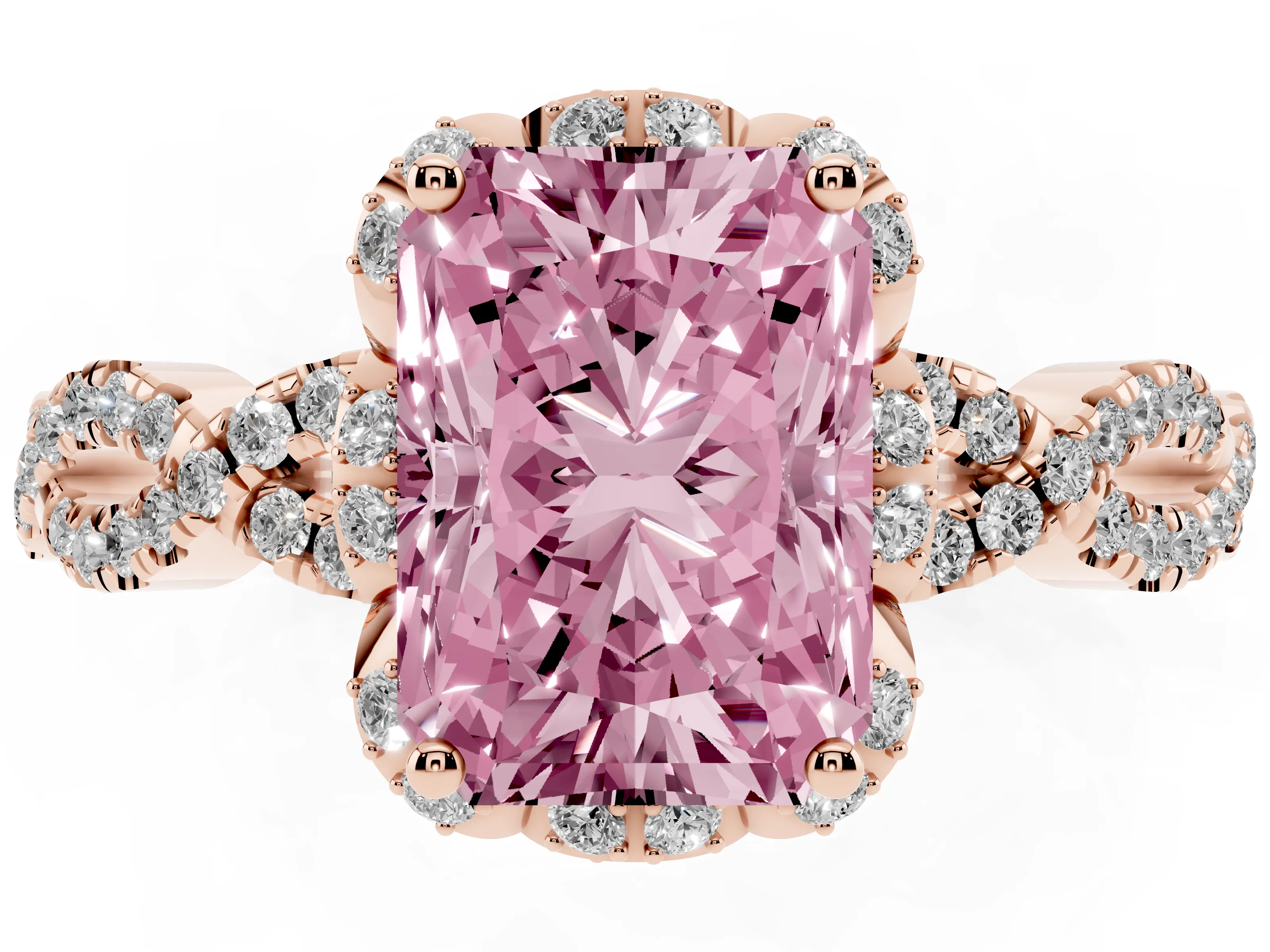 Fancy Pink Radiant Cut Diamond Halo Twist Band Solitaire Ring Set in Rose gold with Prong-Set Center Stone