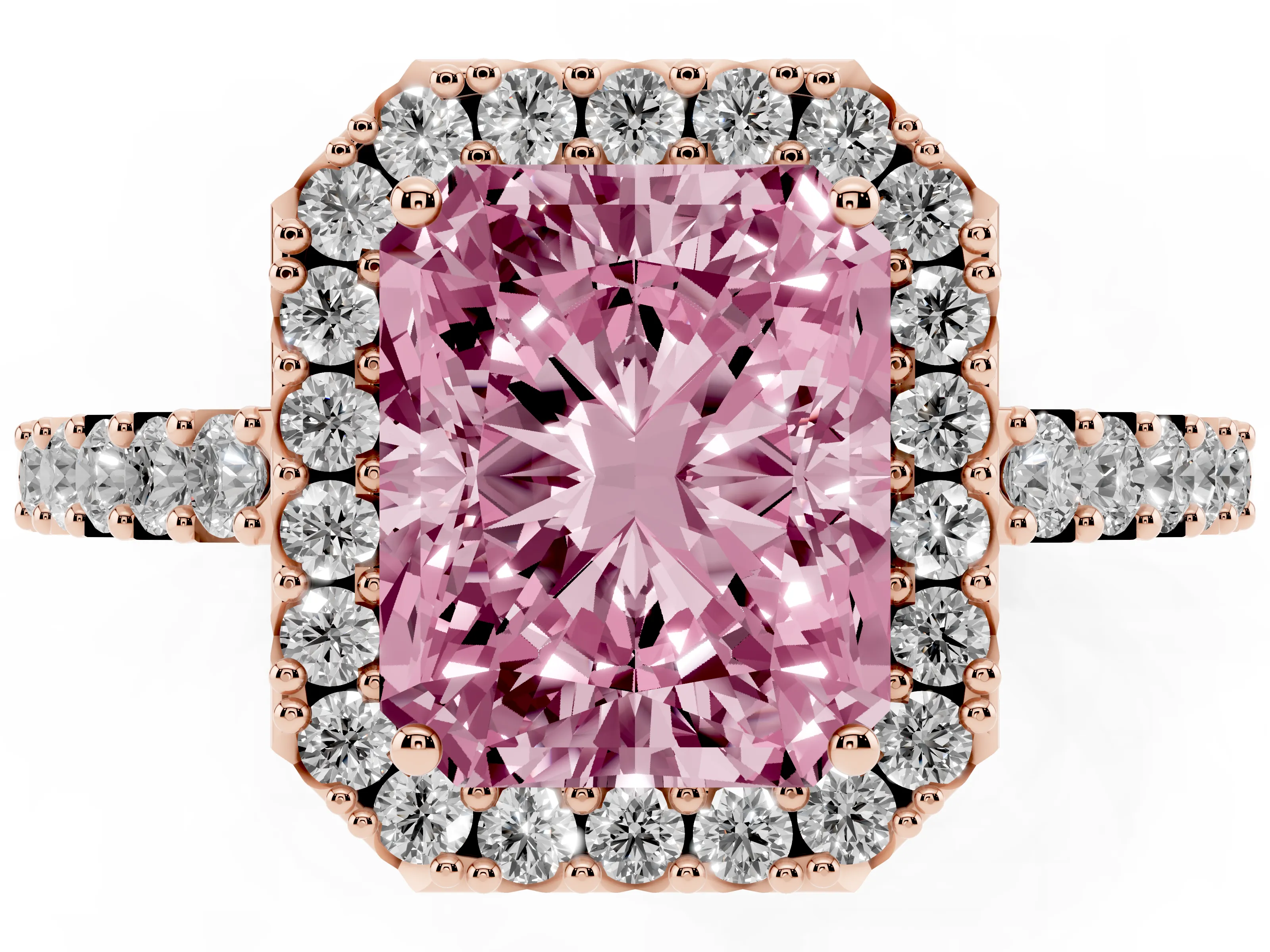Fancy Pink Radiant Cut Diamond Halo Pavé Solitaire Ring Set in Rose gold with Prong-Set Center Stone