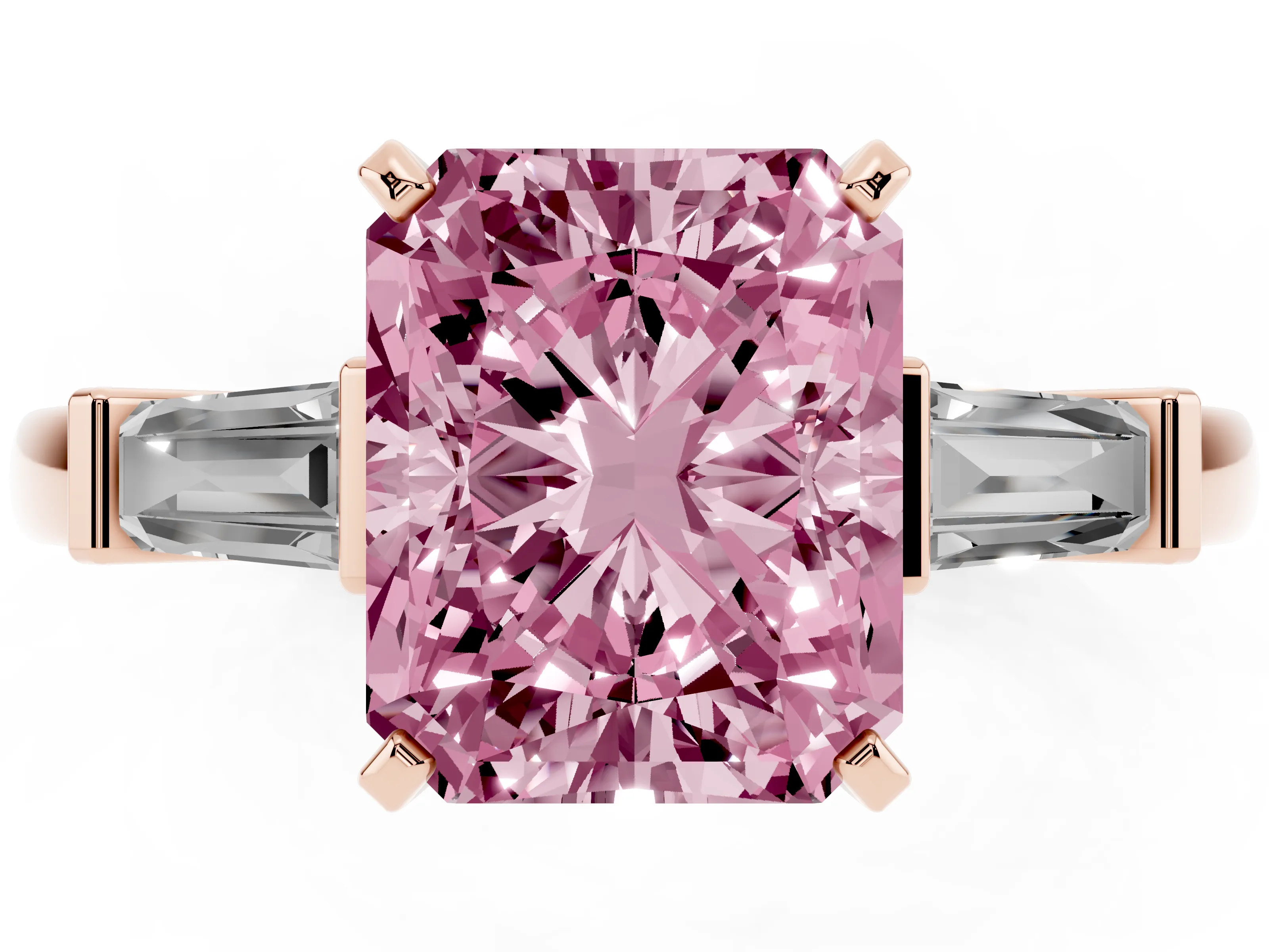 Fancy Pink Radiant Cut Diamond Solitaire Ring Set in Rose gold with Tapered Baguette Accents and Prong Setting
