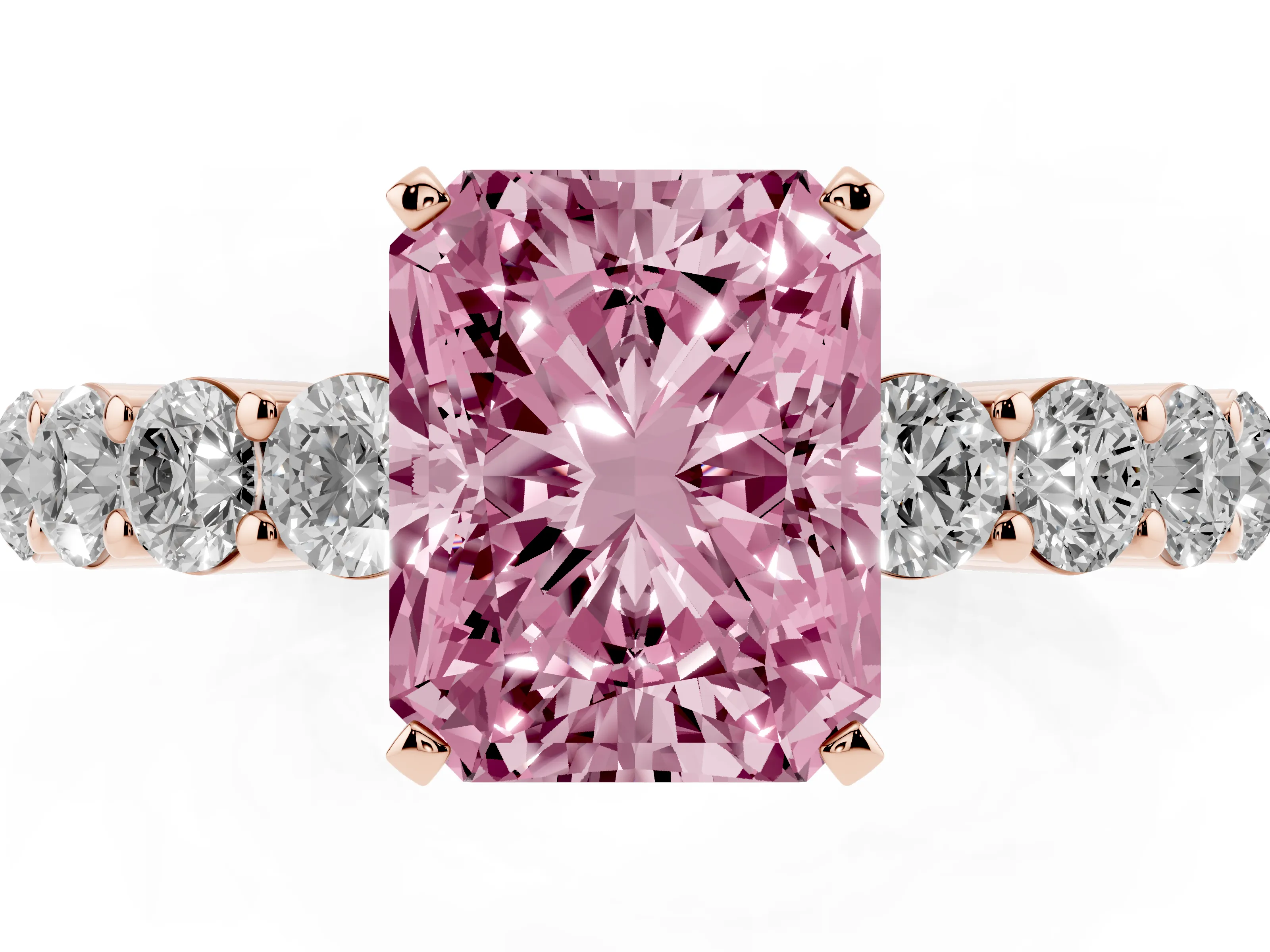 Fancy Pink Radiant Cut Diamond Solitaire Ring Set in Rose gold with Shared Prong Round Side Stones