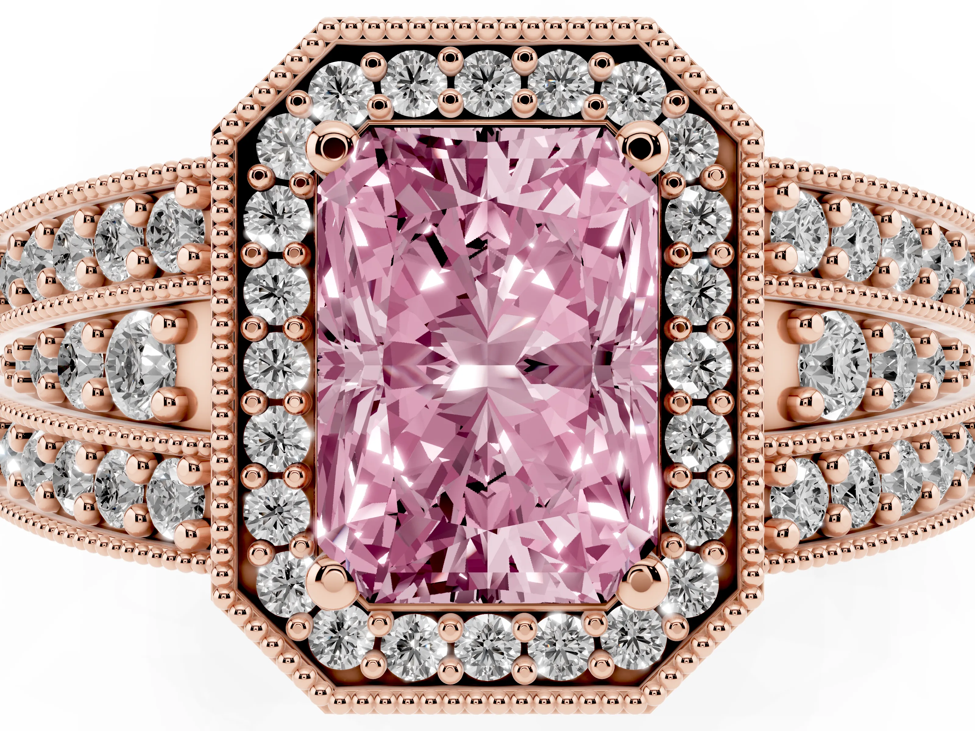 Fancy Pink Radiant Cut Diamond Halo Ring Set in Rose gold with Accent Split Shank and Prong Setting