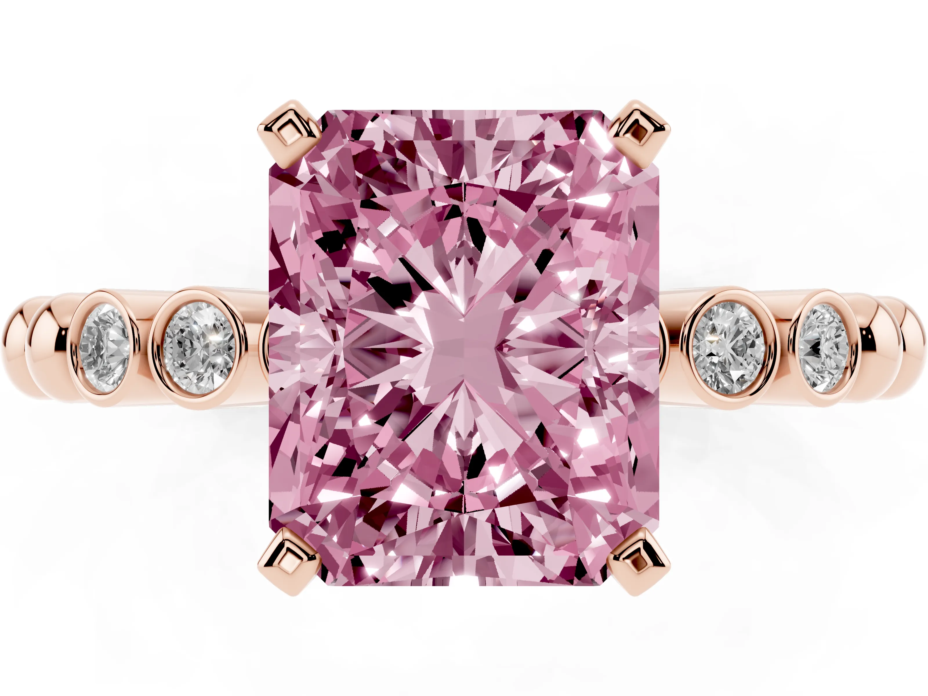 Fancy Pink Radiant Cut Diamond Solitaire Engagement Ring Set in Rose gold with Bezel Accents on Beaded Band
