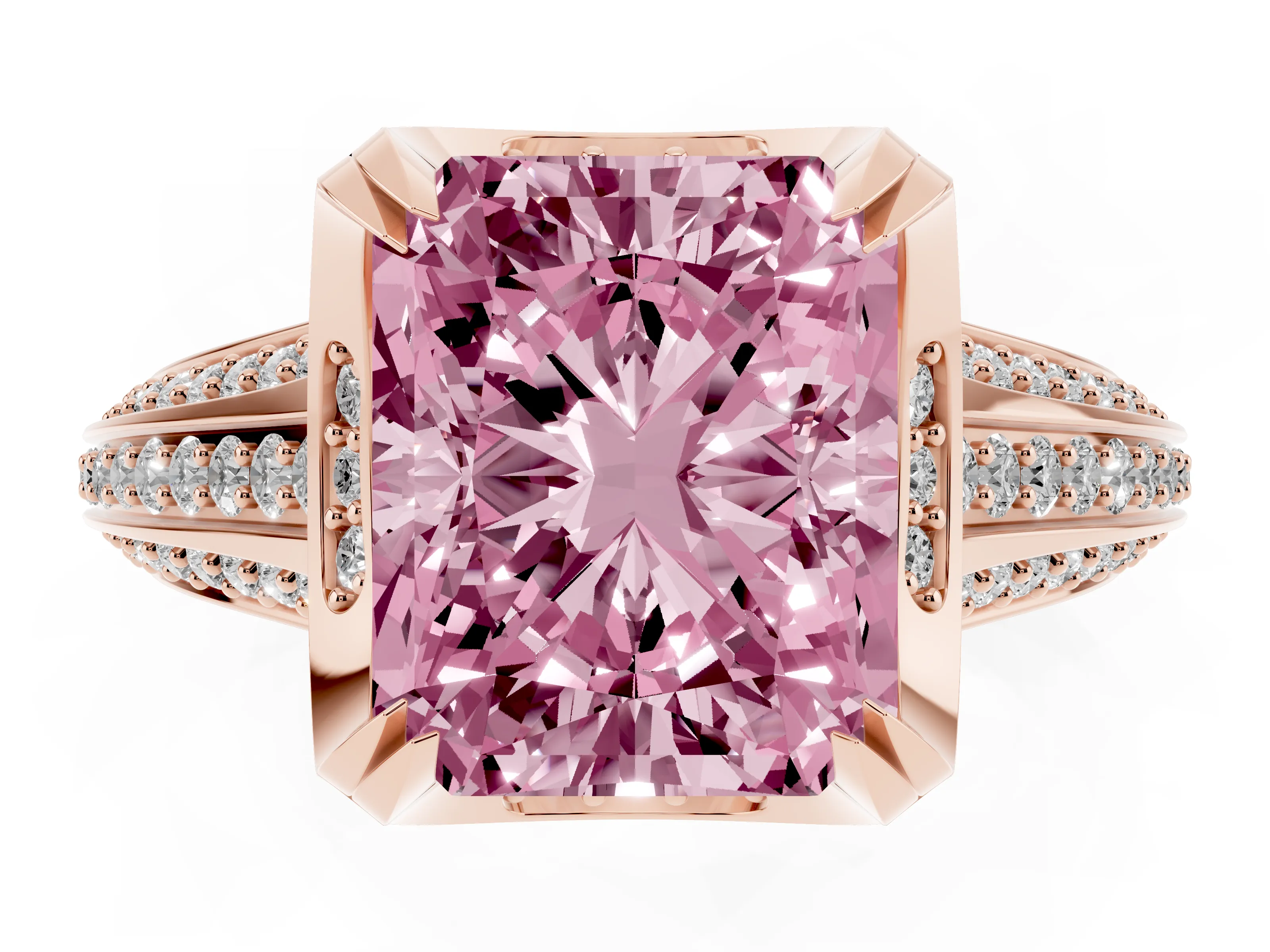 Fancy Pink Radiant Cut Diamond Pavé Split Shank Solitaire Ring Set in Rose gold with Prong Setting