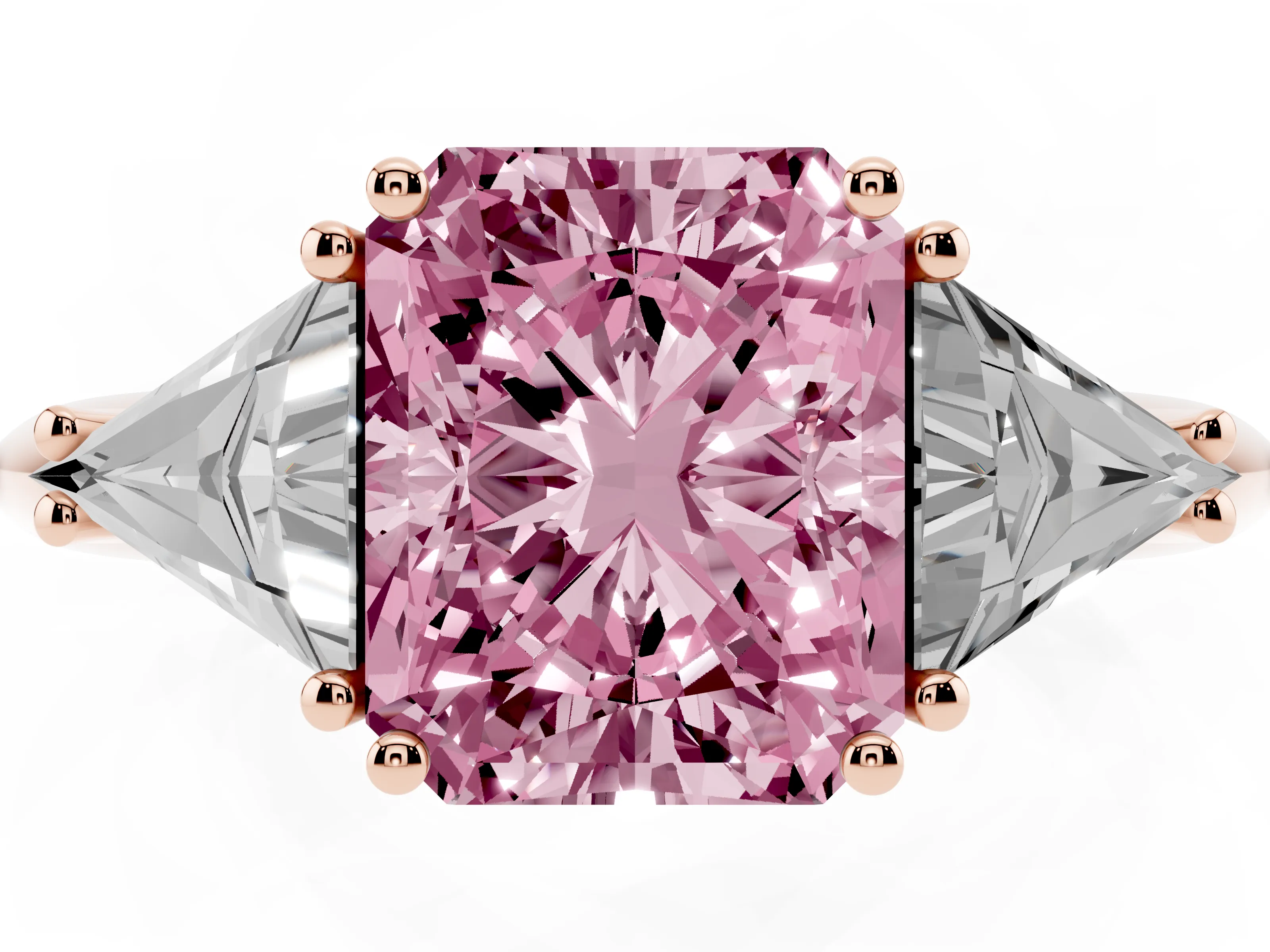 Fancy Pink Radiant Cut Diamond Three-Stone Engagement Ring Set in Rose gold with Trillion Side Stones