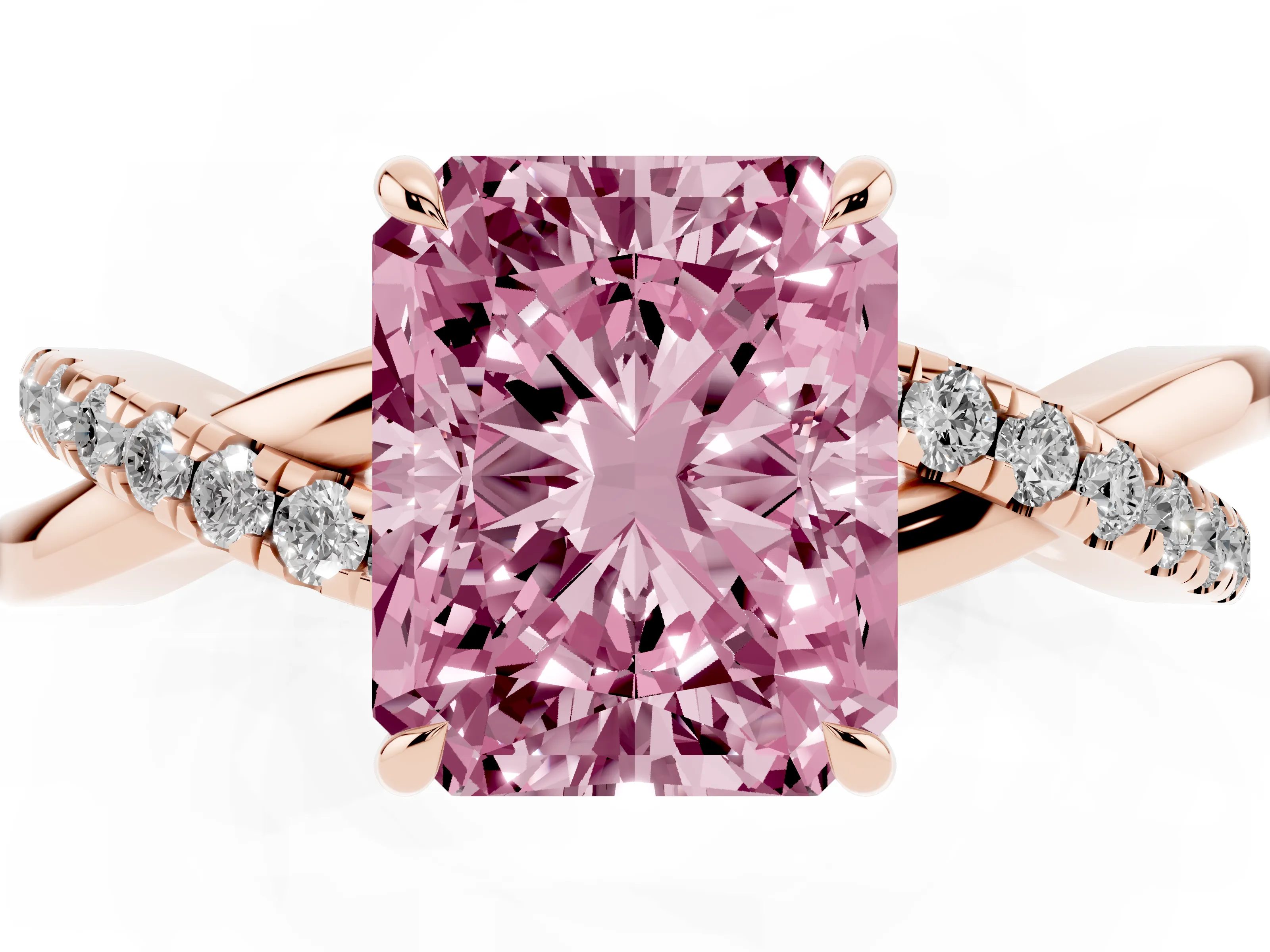 Fancy Pink Radiant Cut Diamond Twisted Pavé Band Ring Set in Rose gold with Prong Setting
