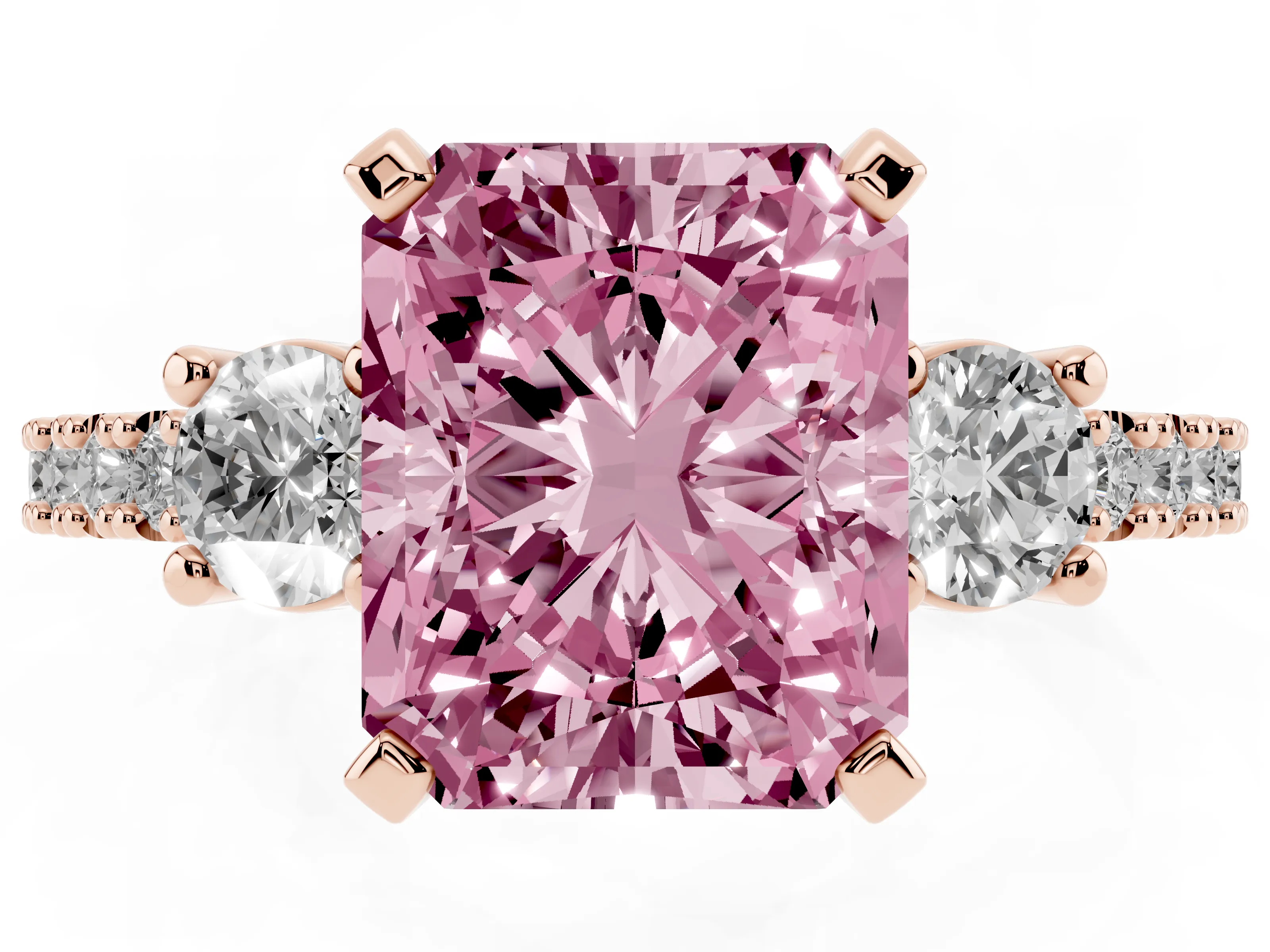Fancy Pink Three-Stone Radiant Cut Diamond Pavé Band Ring Set in Rose gold with Prong Setting