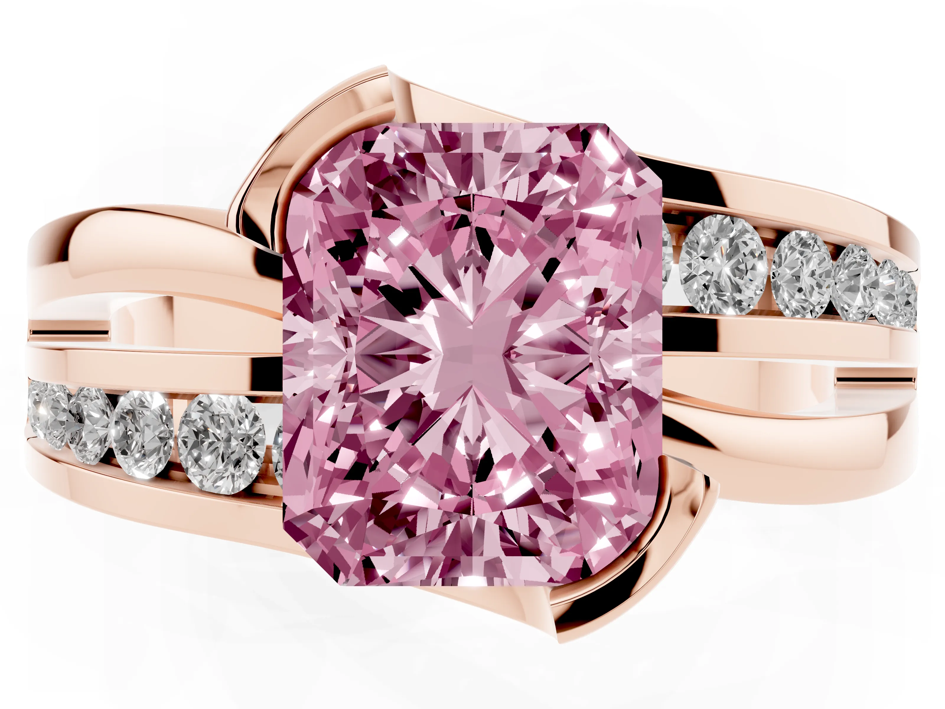 Fancy Pink Radiant Cut Diamond Solitaire Ring Set in Rose gold with Channel Set Split Shank and Tension Prongs