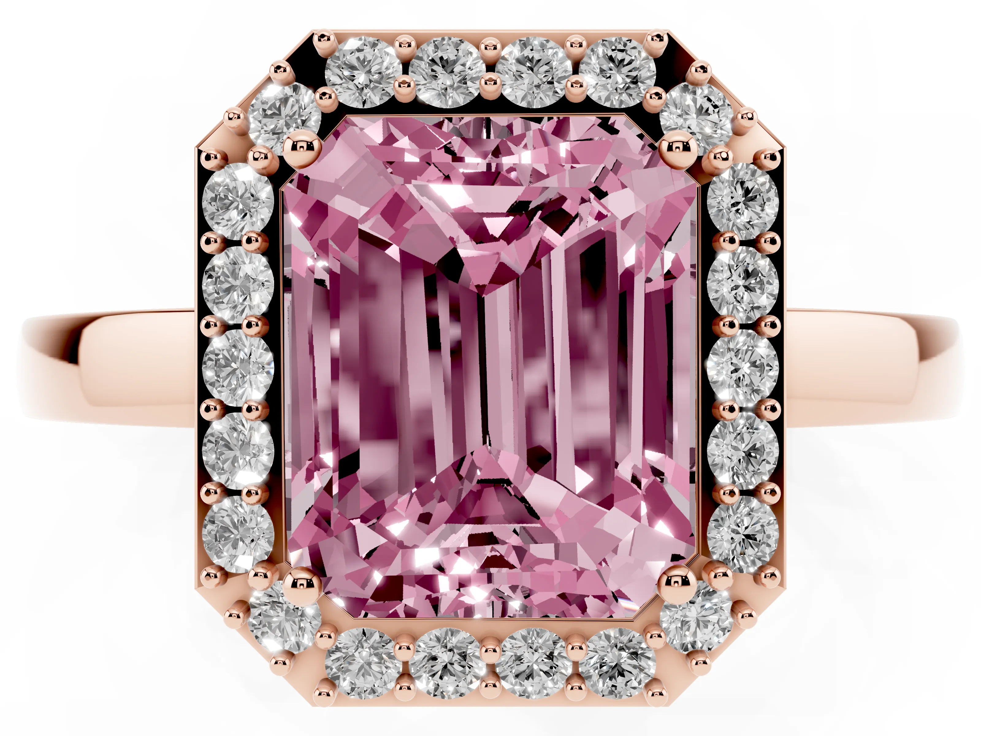 Fancy Pink Radiant Cut Diamond Halo Ring Set in Rose gold with Solitaire Band and Prong Setting