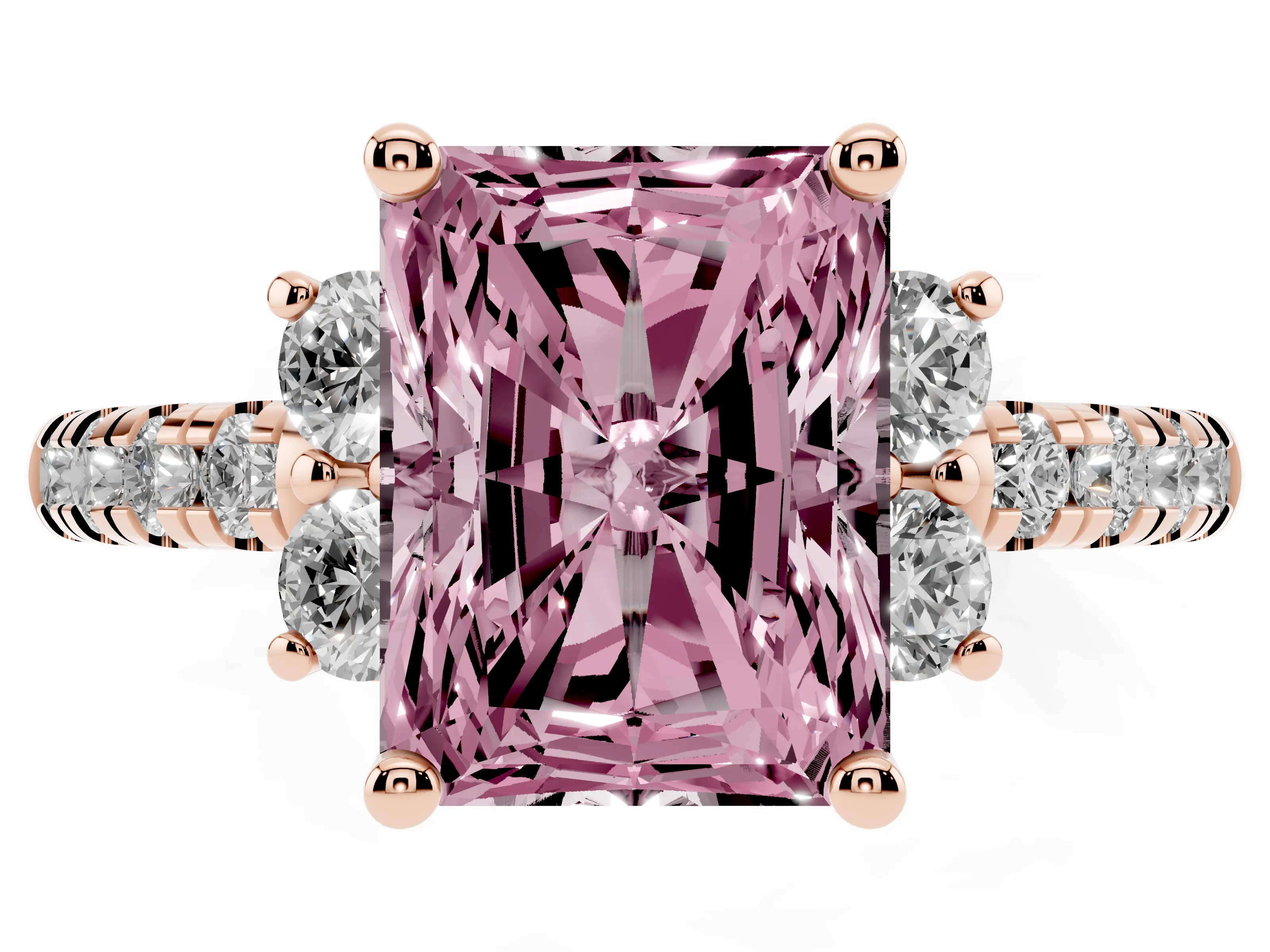 Fancy Pink Radiant Cut Diamond Three-Stone Pavé Ring Set in Rose gold with Prong Setting