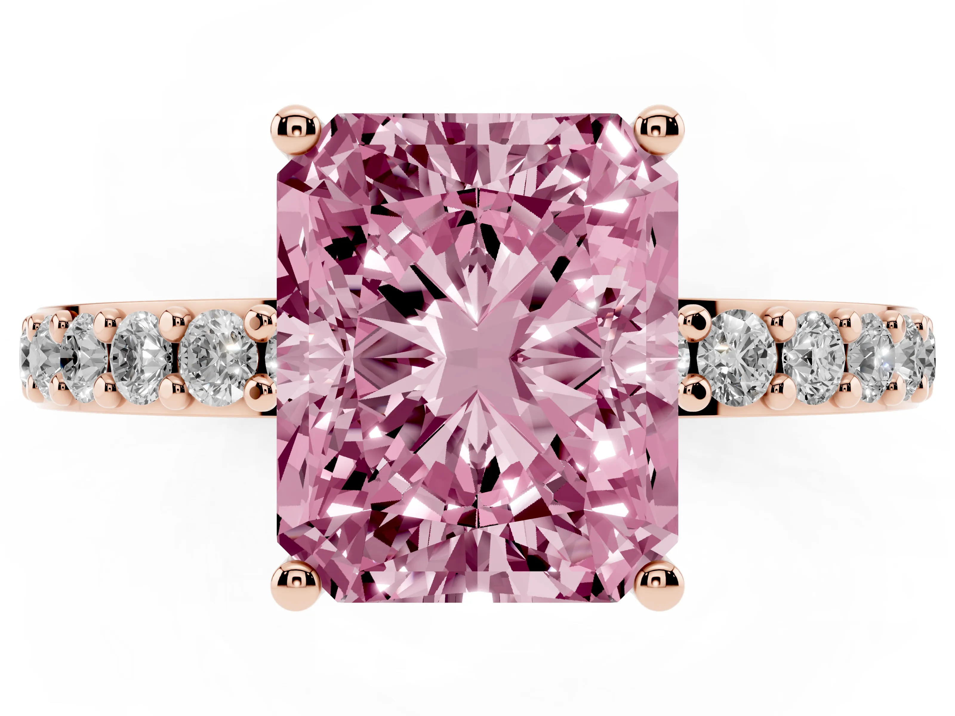 Fancy Pink Radiant Cut Diamond Solitaire Set in Rose gold with Round Pavé Band and Prong Setting