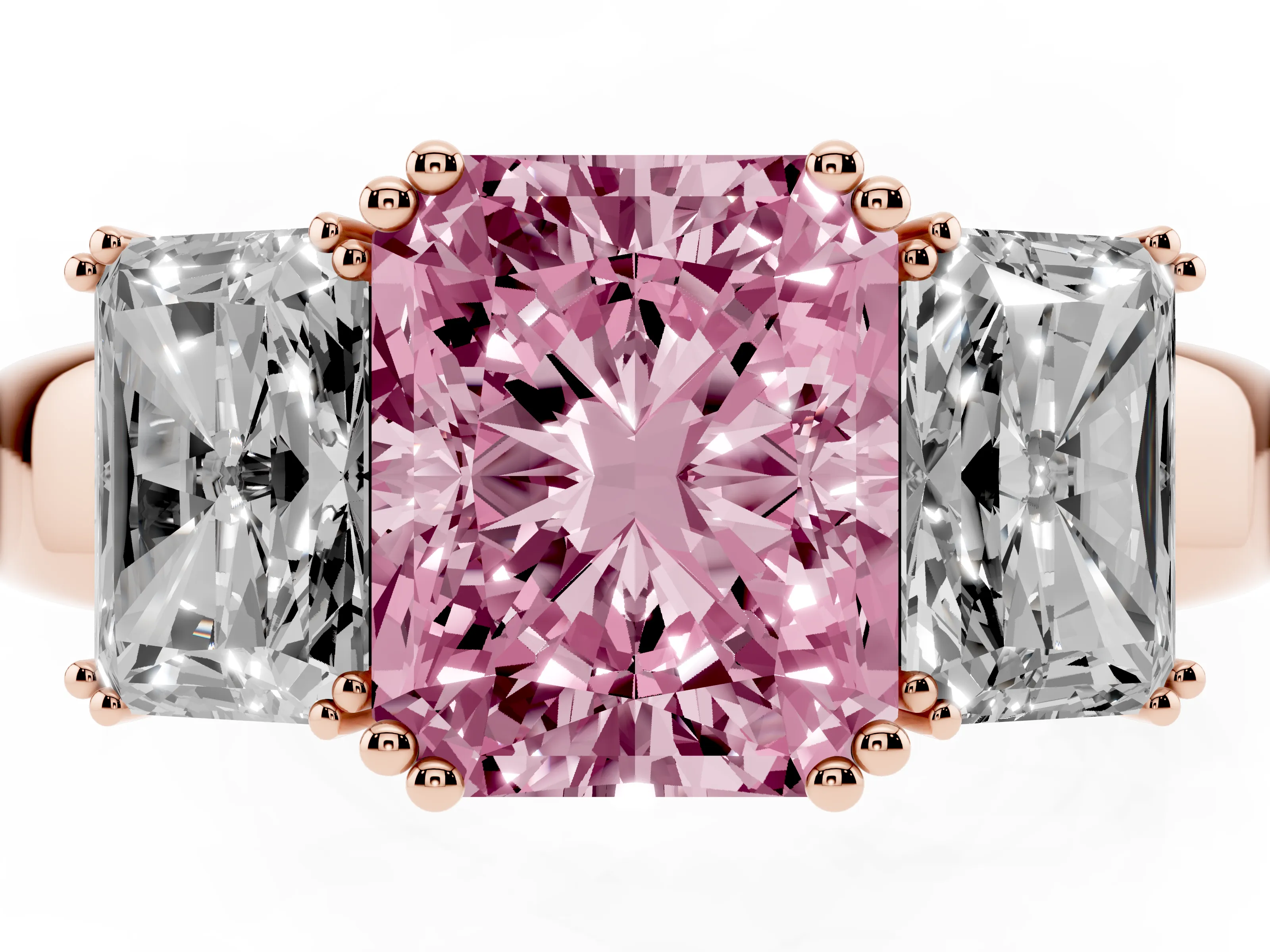 Fancy Pink Radiant Cut Diamond Three-Stone Ring Set in Rose gold with Polished Channel-Set Band