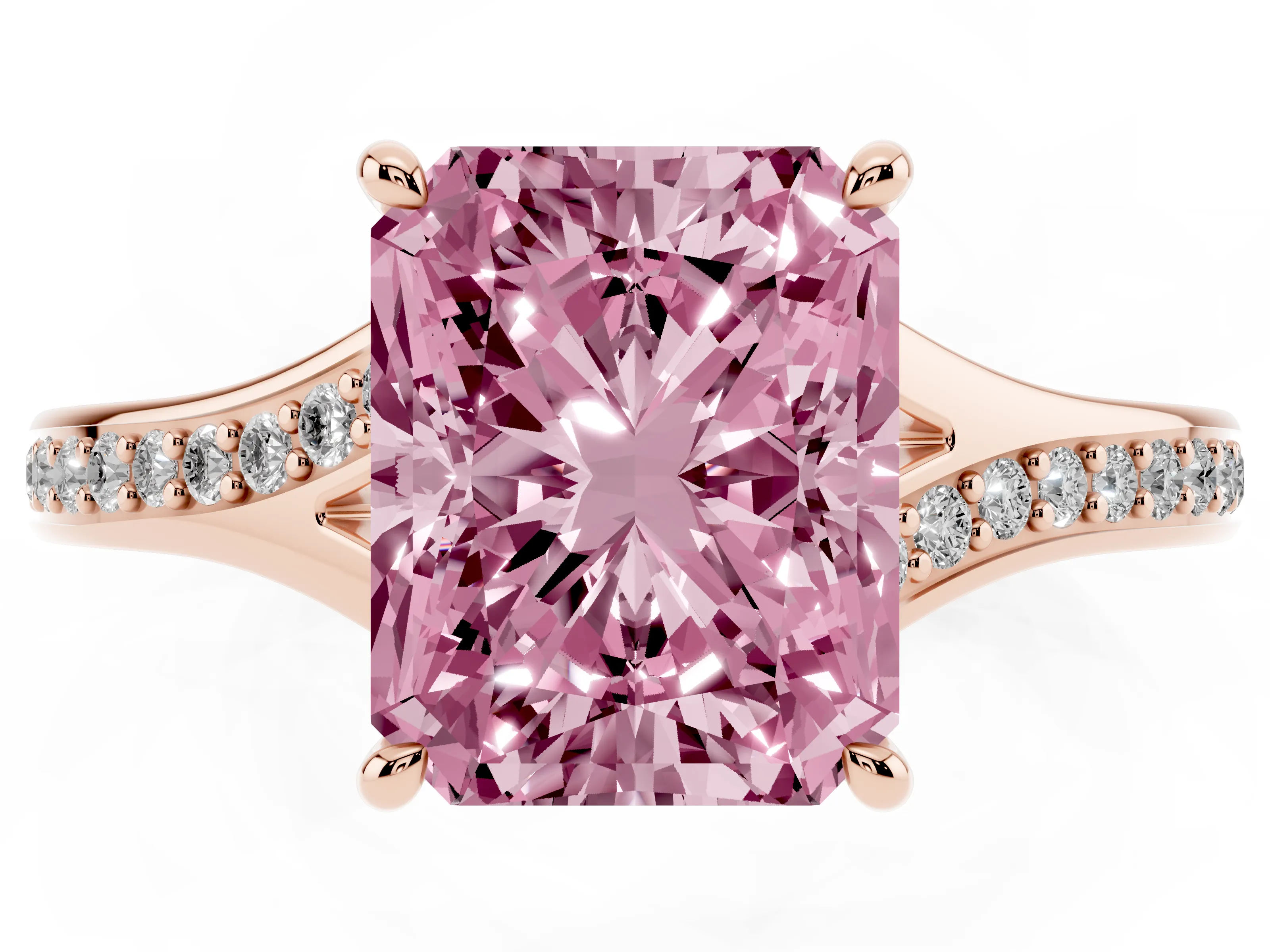 Fancy Pink Radiant Cut Diamond Solitaire Ring Set in Rose gold with Pavé Accent Band and Classic Prong Setting