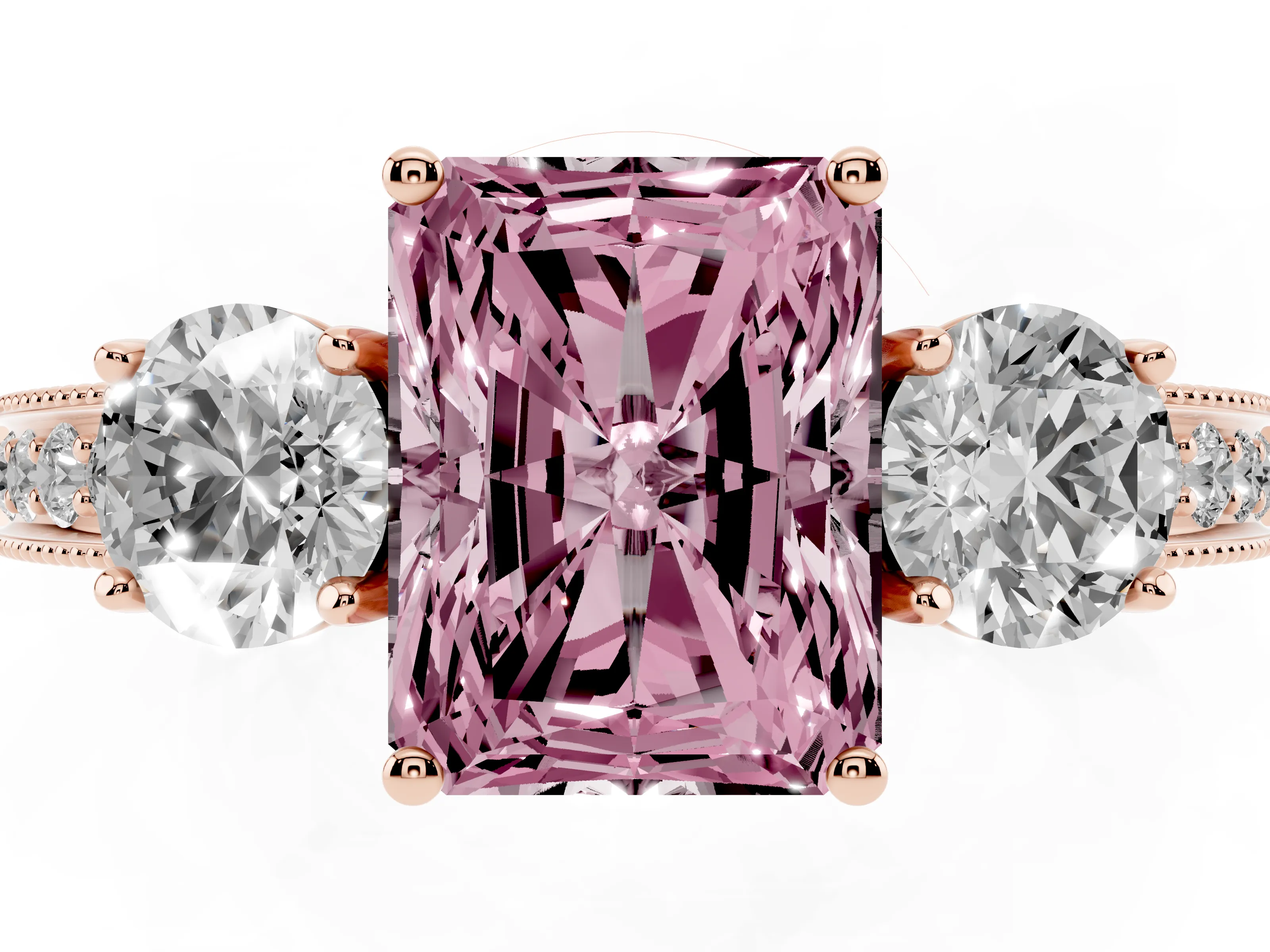 Fancy Pink Radiant Cut Diamond Three-Stone Ring Set in Rose gold with Round Side Stones and Pavé Band