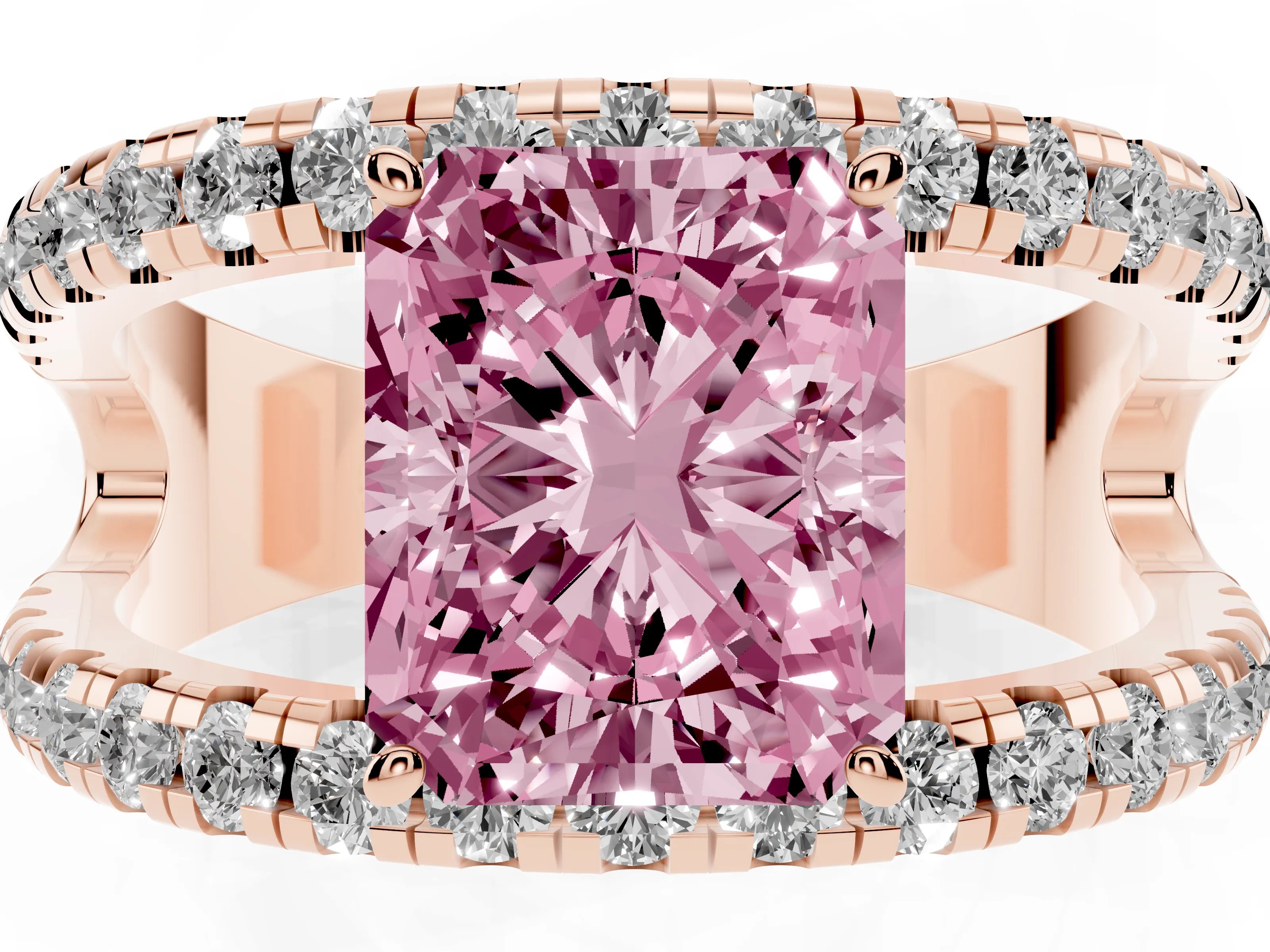 Fancy Pink Radiant Cut Diamond Split Shank Pavé Solitaire Ring Set in Rose gold with Open Shank Design