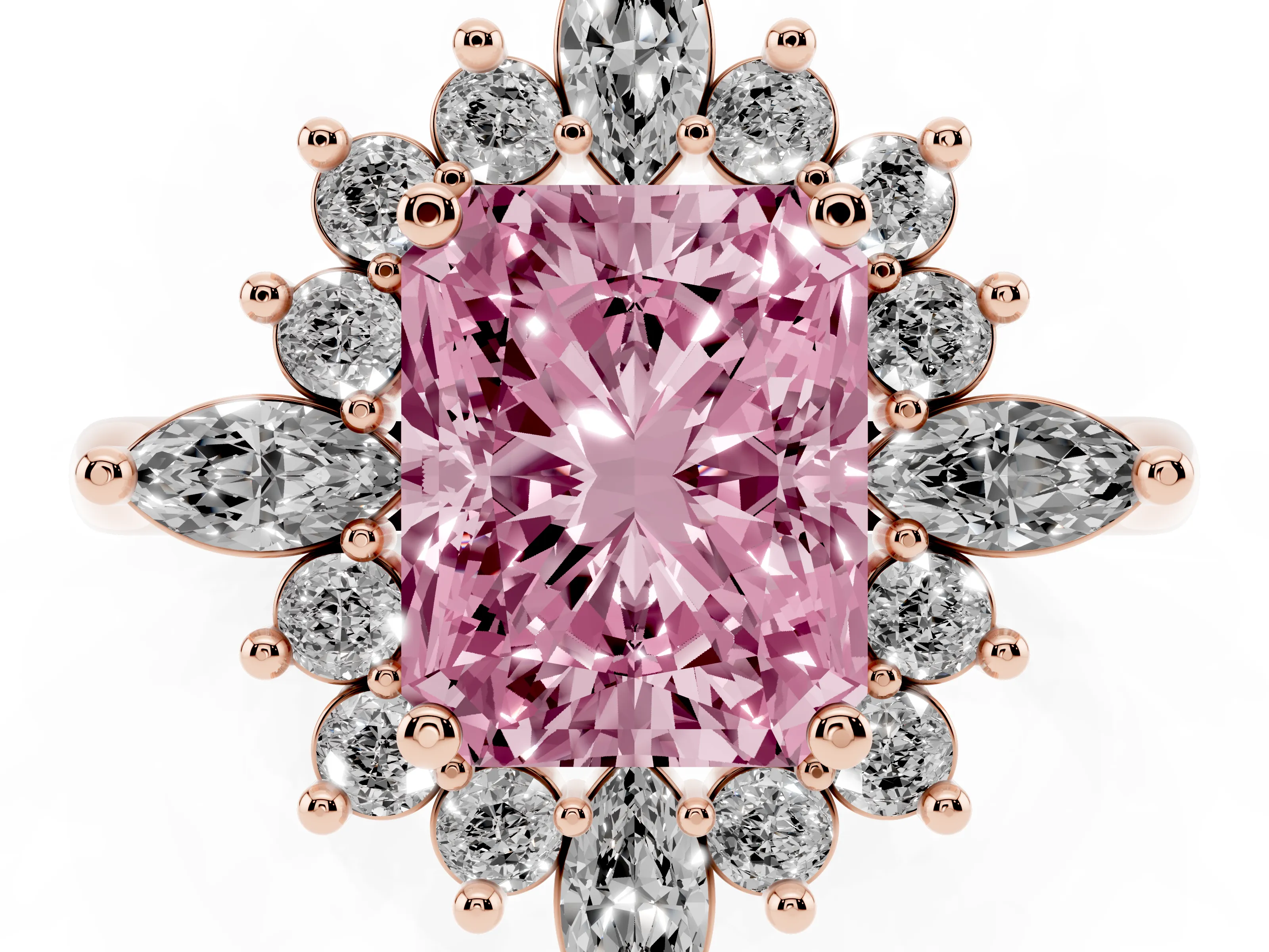 Fancy Pink Radiant Cut Diamond Cluster Halo Ring Set in Rose gold with Marquise and Round Accents