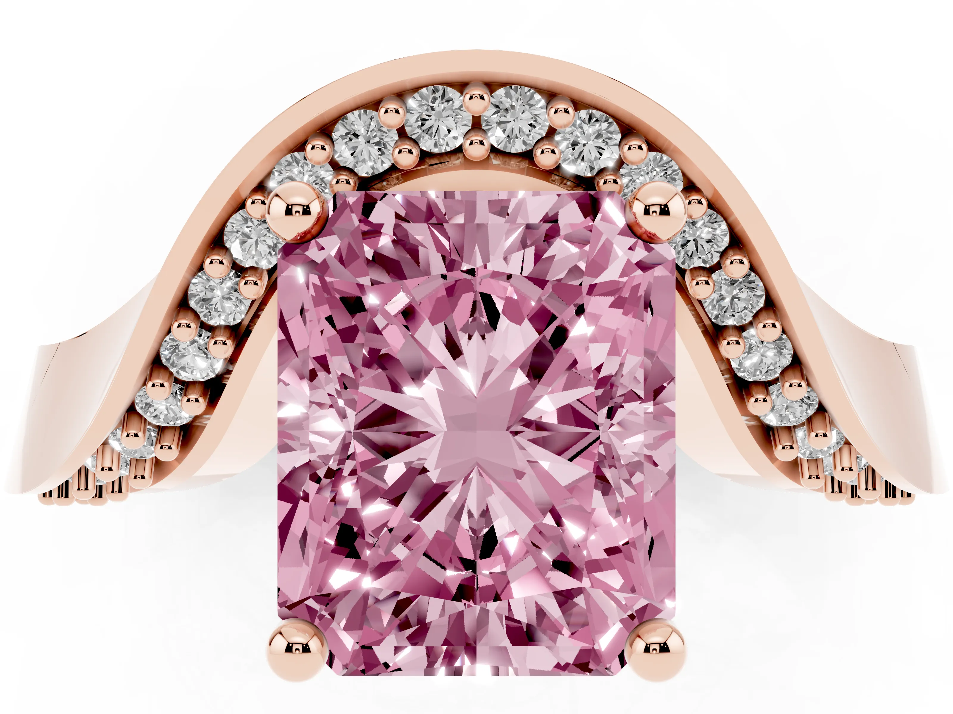Fancy Pink Radiant Cut Diamond Solitaire Engagement Ring Set in Rose gold with Pavé Shoulders