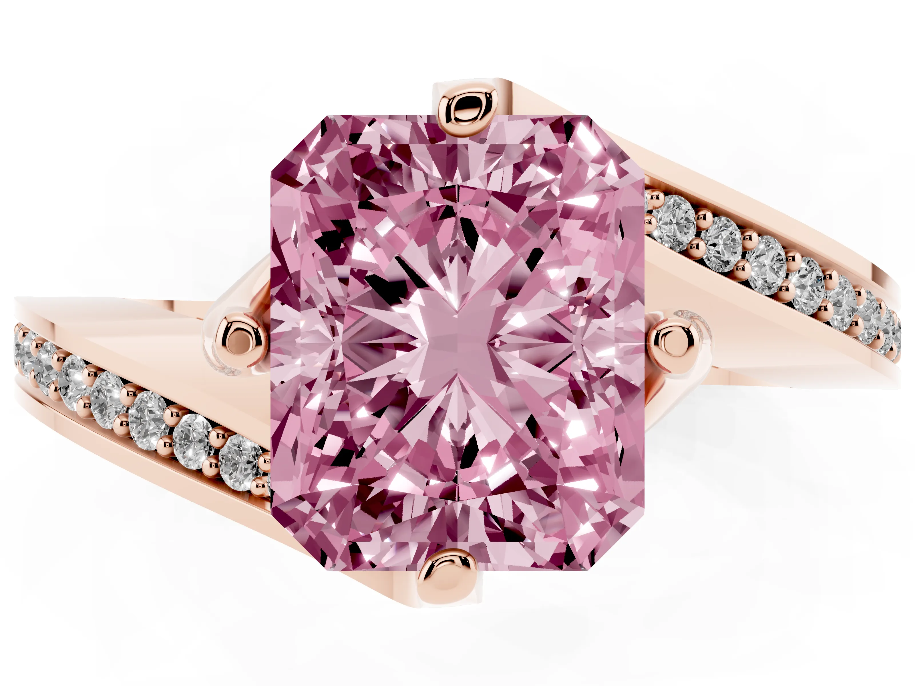 Fancy Pink Radiant Cut Diamond Solitaire Ring Set in Rose gold with Intertwined Pavé Twist Band