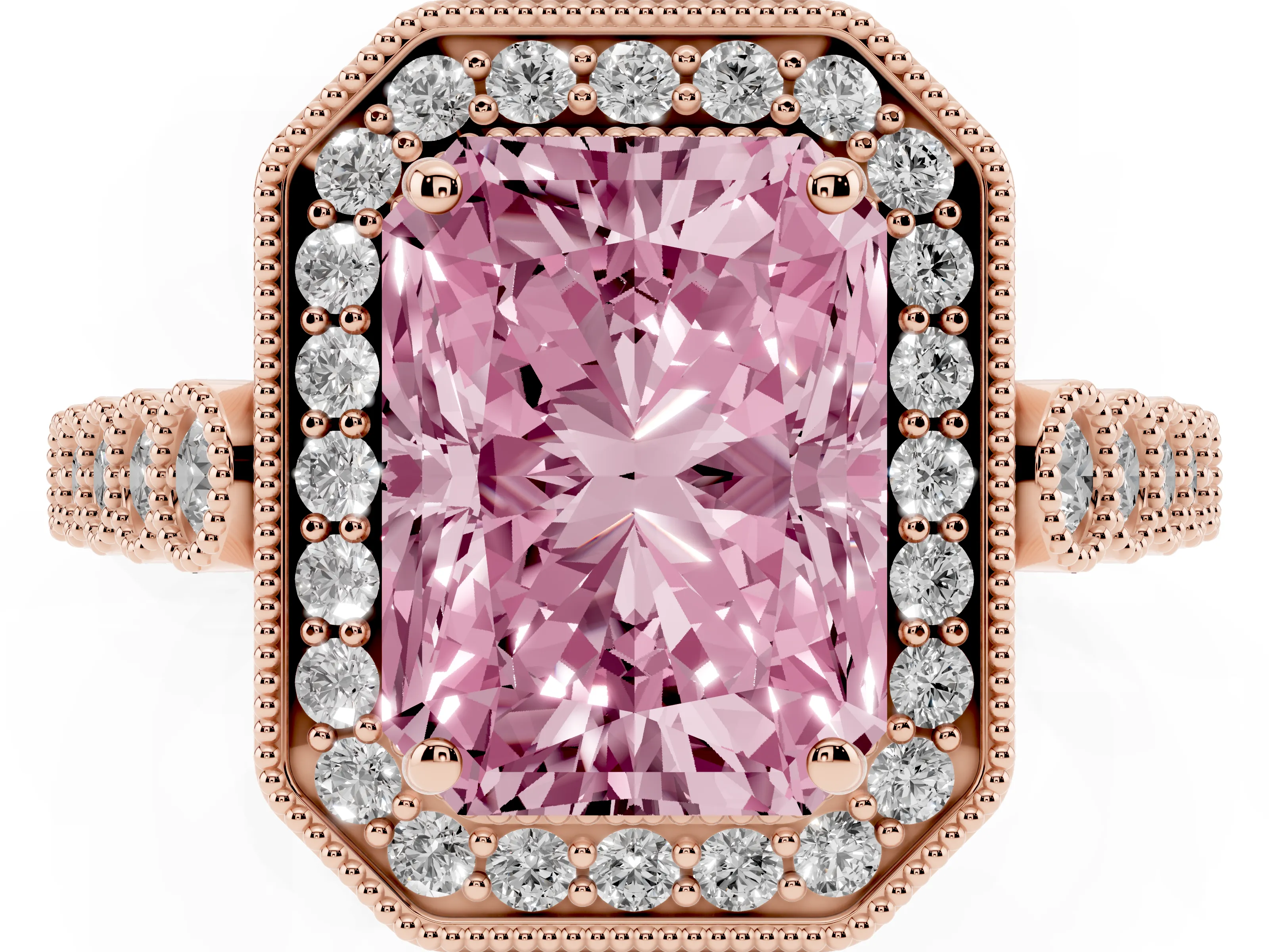 Fancy Pink Radiant Cut Diamond Milgrain Halo Solitaire Ring Set in Rose gold with Bezel Set Side Stones and Pavé Band