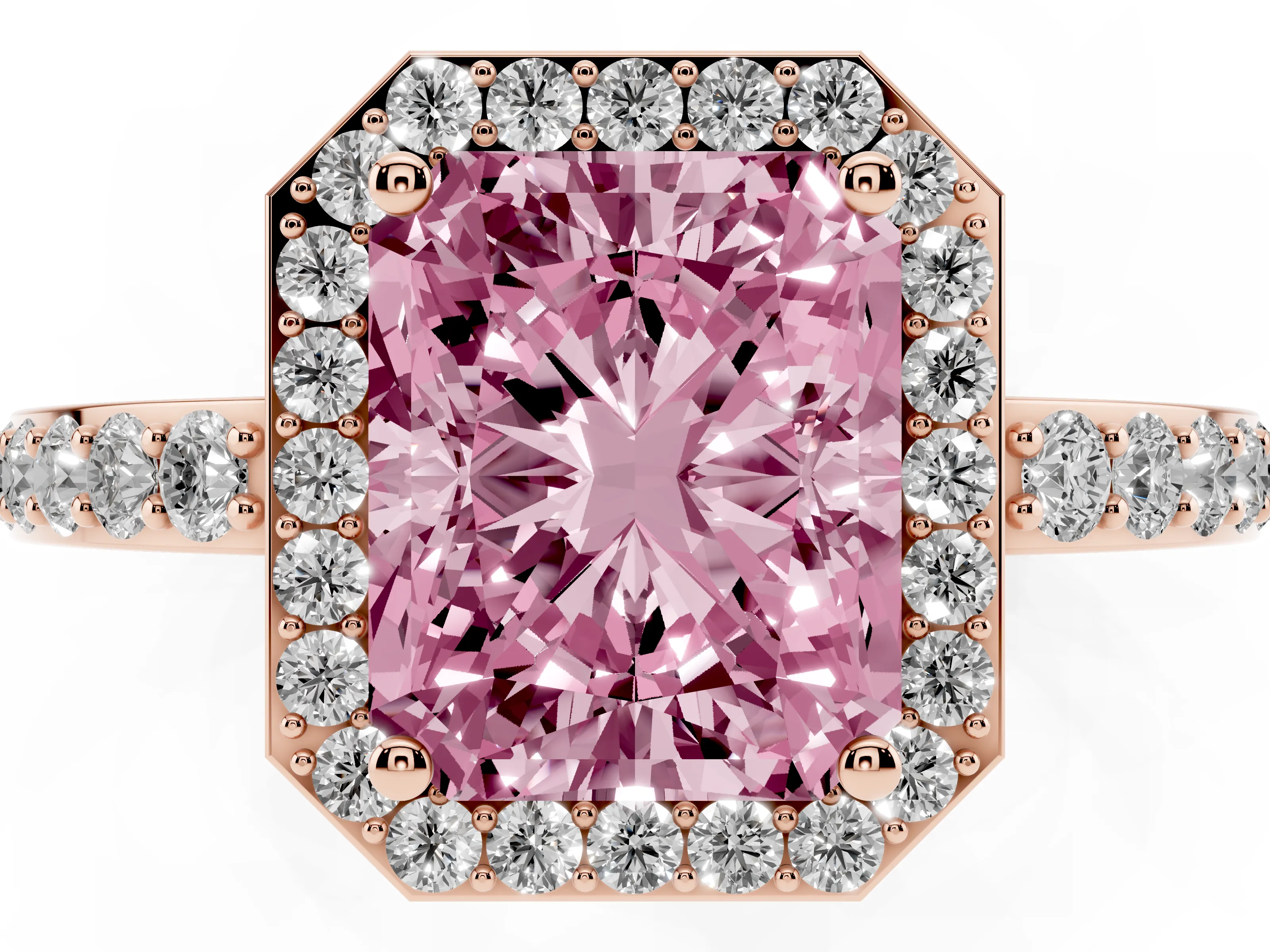 Fancy Pink Radiant Cut Diamond Halo Ring Set in Rose gold with Pavé-Setting Band and Open Prong Center