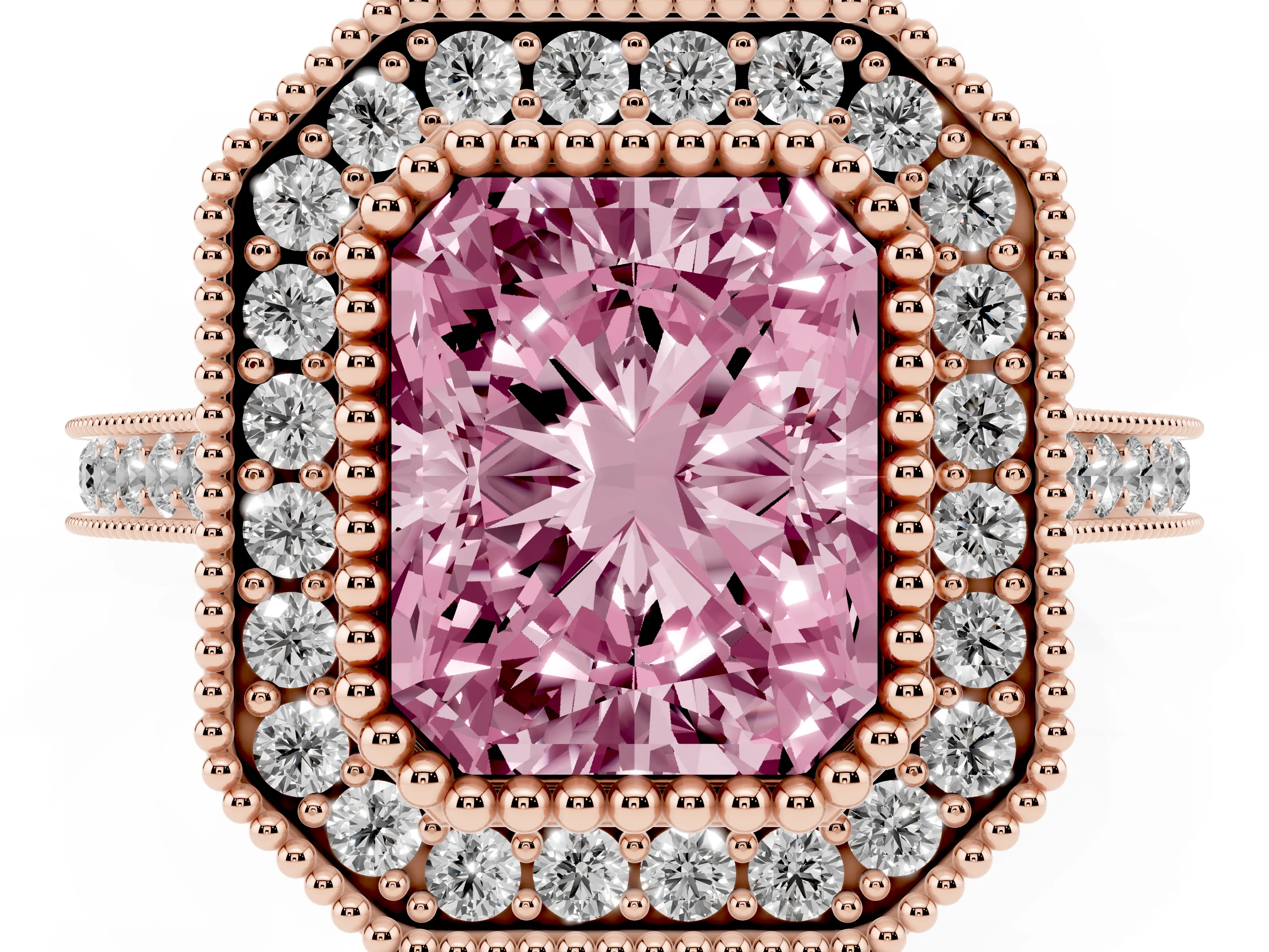 Fancy Pink Radiant Cut Diamond Halo Ring Set in Rose gold with Milgrain Frame and Pavé Band