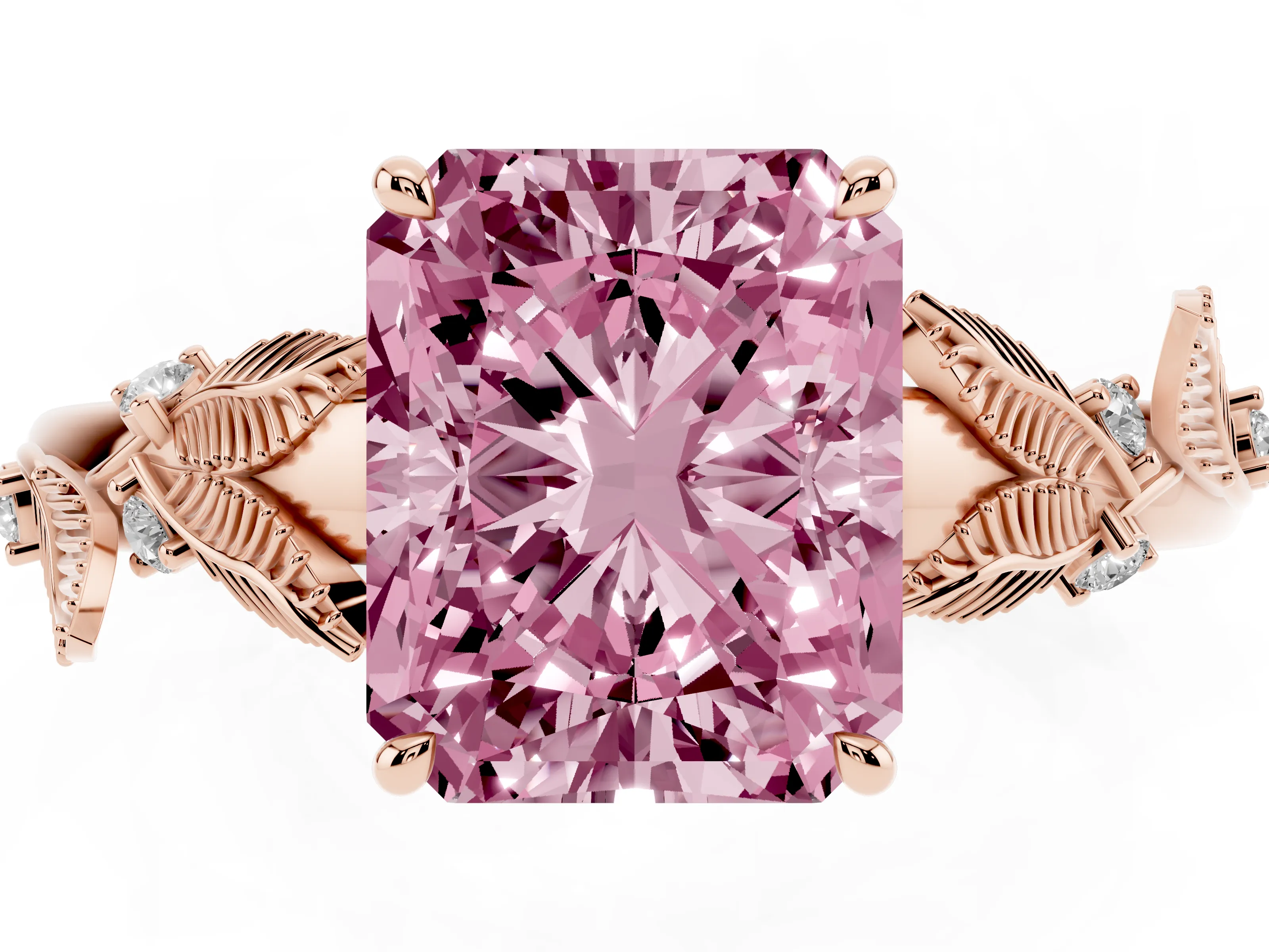 Fancy Pink Radiant Cut Diamond Solitaire Ring Set in Rose gold with Leaf Motif Band