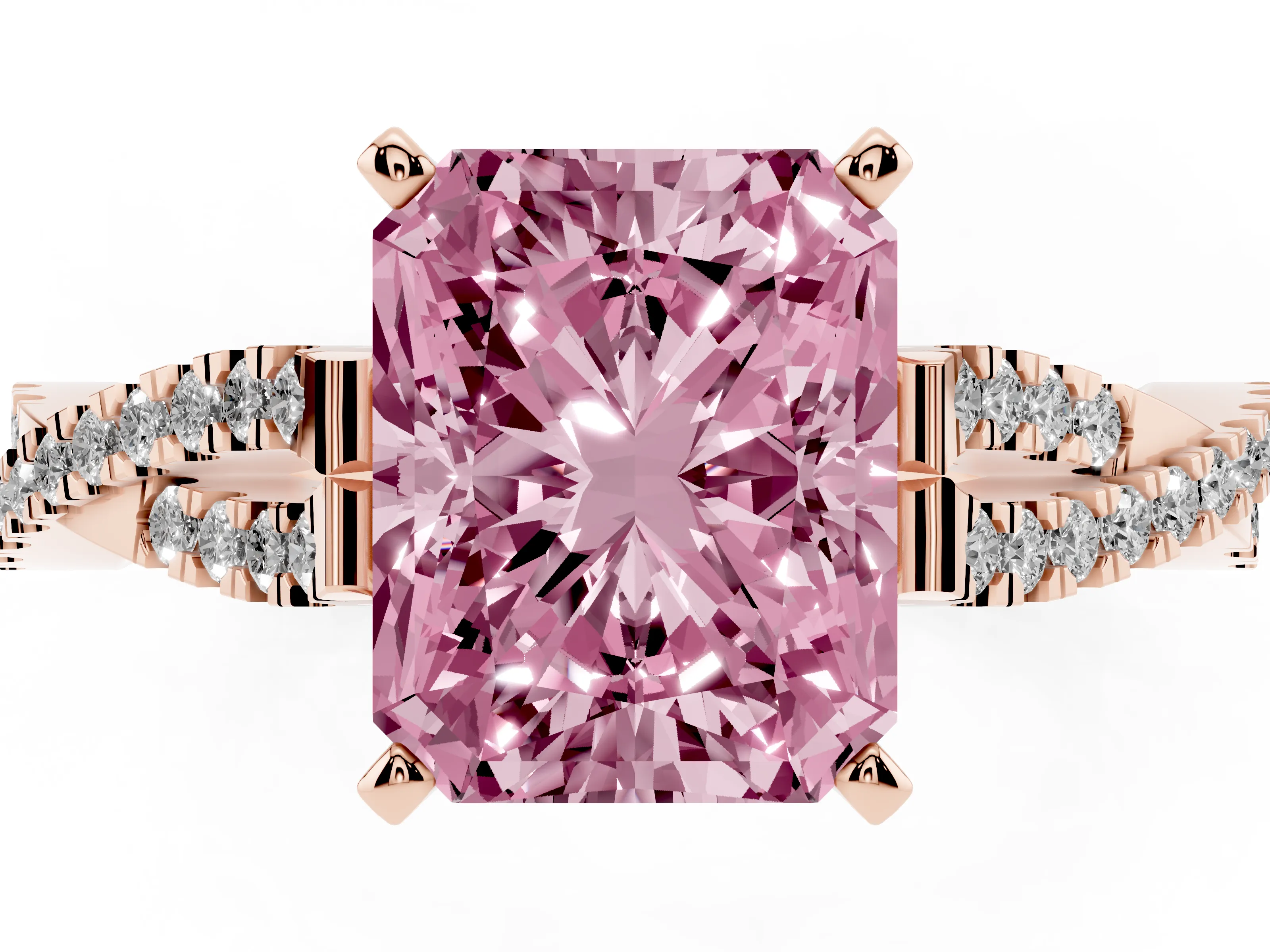 Fancy Pink Radiant Cut Diamond Solitaire Engagement Ring Set in Rose gold with Twisted Pavé Band and Prong Setting