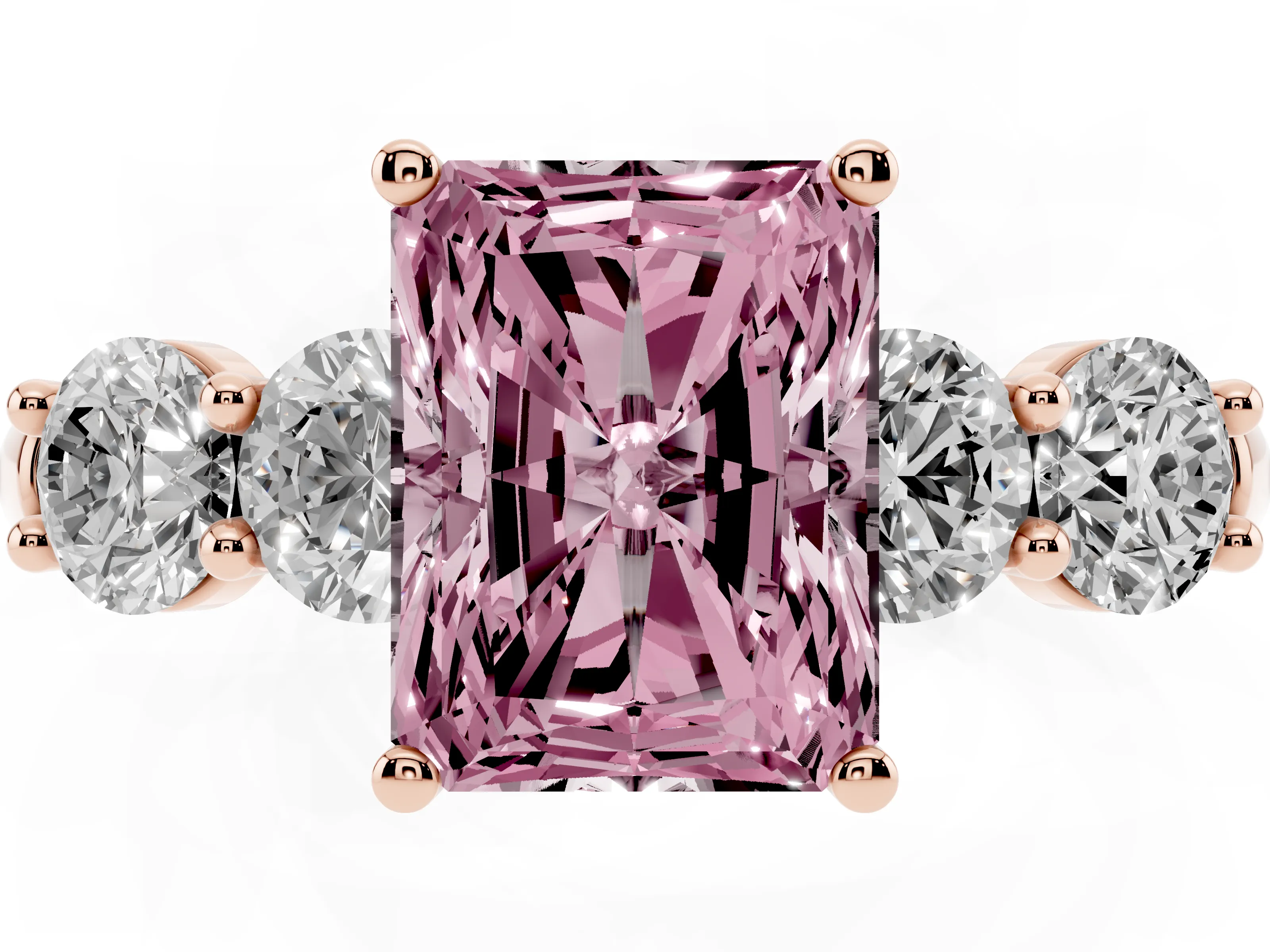Fancy Pink Radiant Cut Diamond Five-Stone Prong Set Ring Set in Rose gold with Classic Band