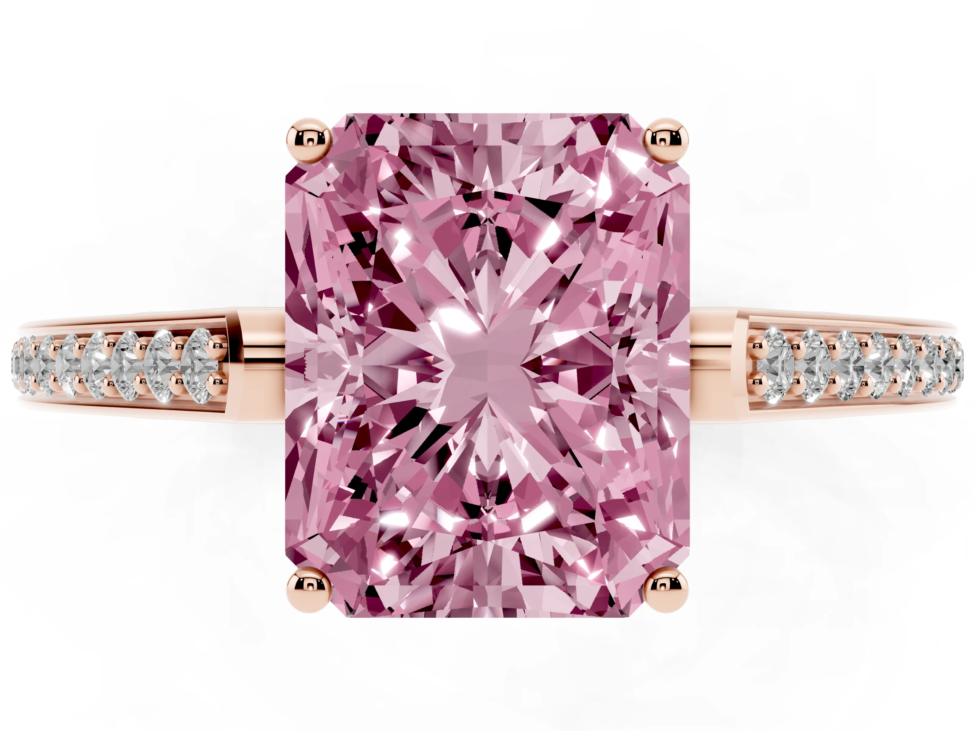 Fancy Pink Radiant Cut Diamond Cathedral Pavé Engagement Ring Set in Rose gold with Prong Setting