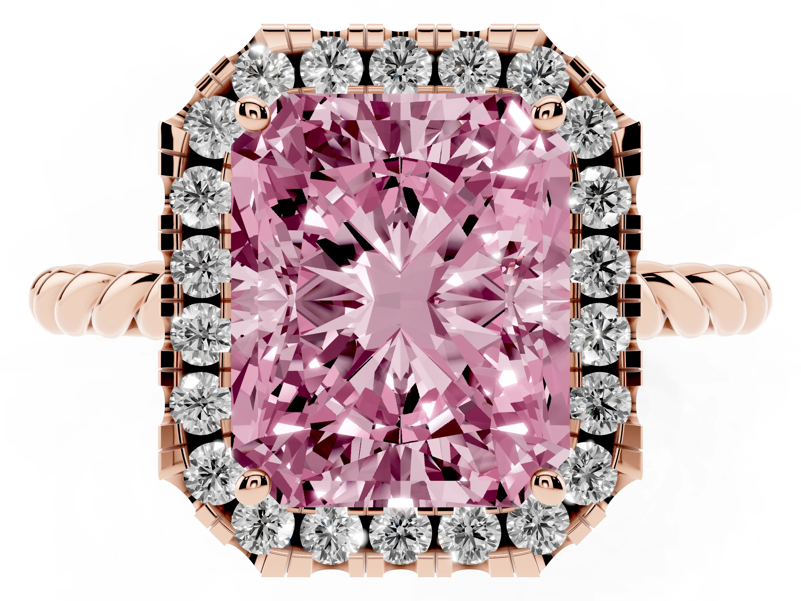Fancy Pink Radiant Cut Diamond Halo Ring Set in Rose gold with Plain Twisted Band