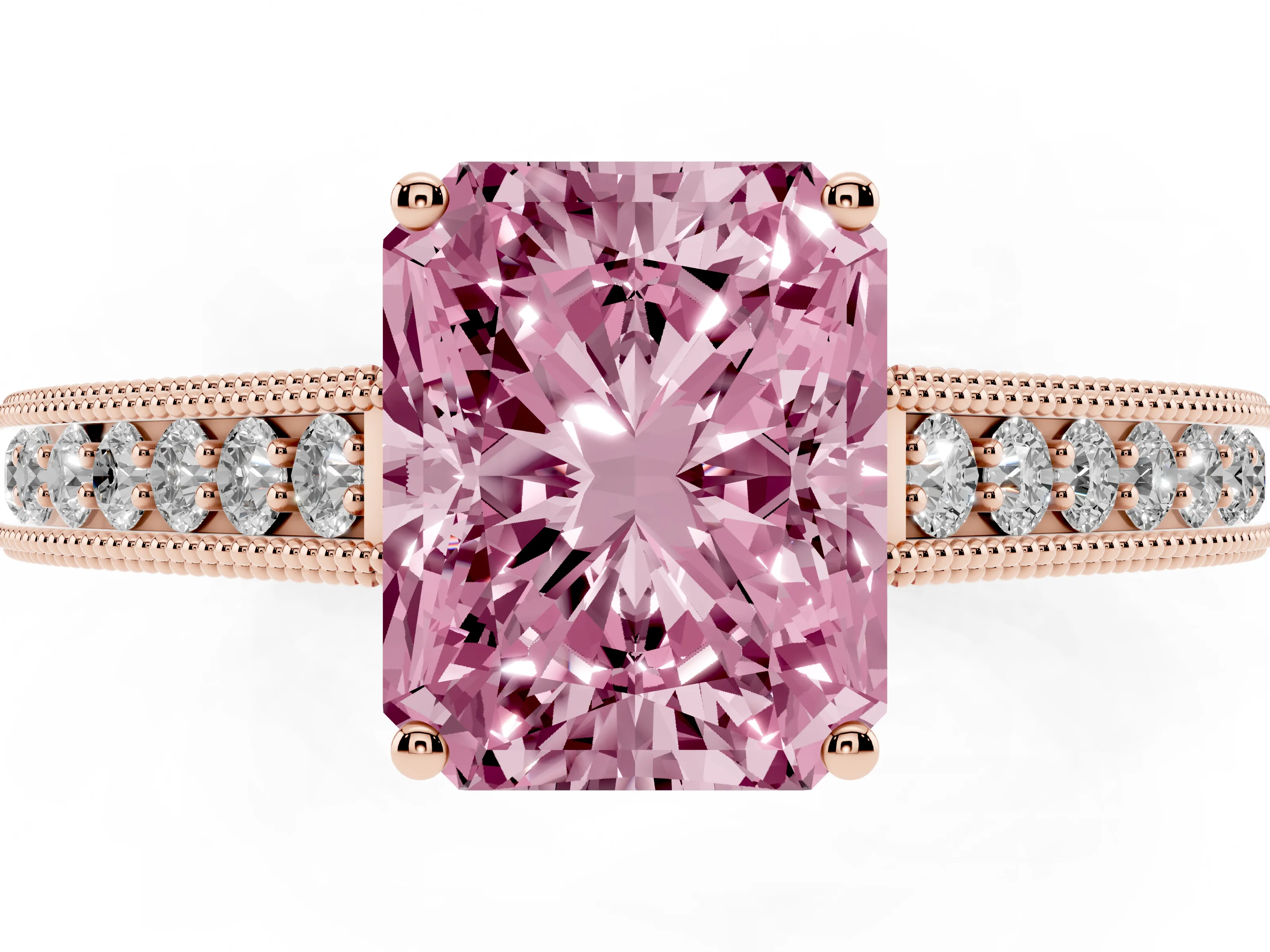 Fancy Pink Radiant Cut Diamond Milgrain Pavé Band Solitaire Ring Set in Rose gold with Prong Setting