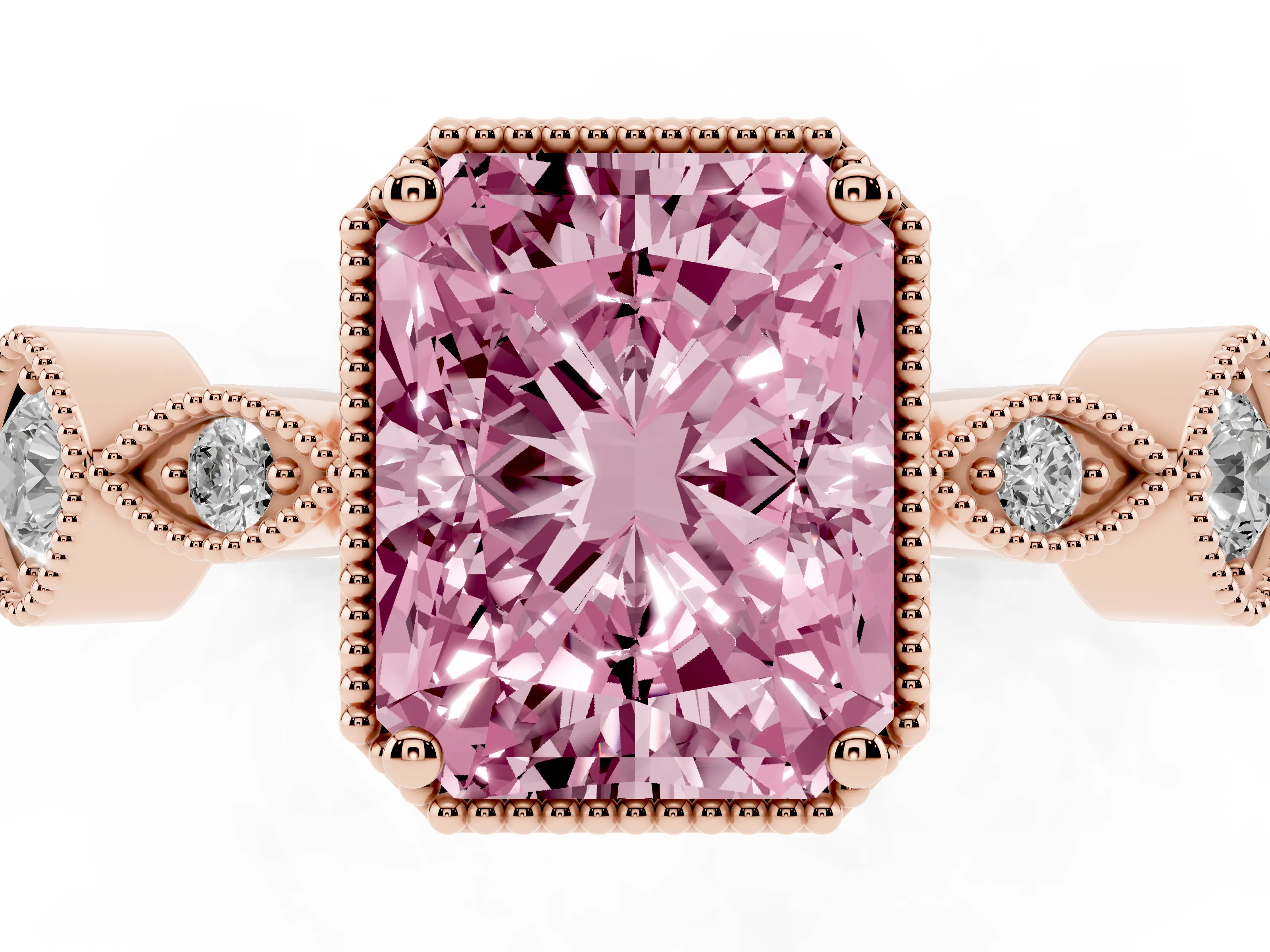 Fancy Pink Radiant Cut Diamond Vintage-Inspired Milgrain Ring Set in Rose gold with Marquise Stations of Round Accents
