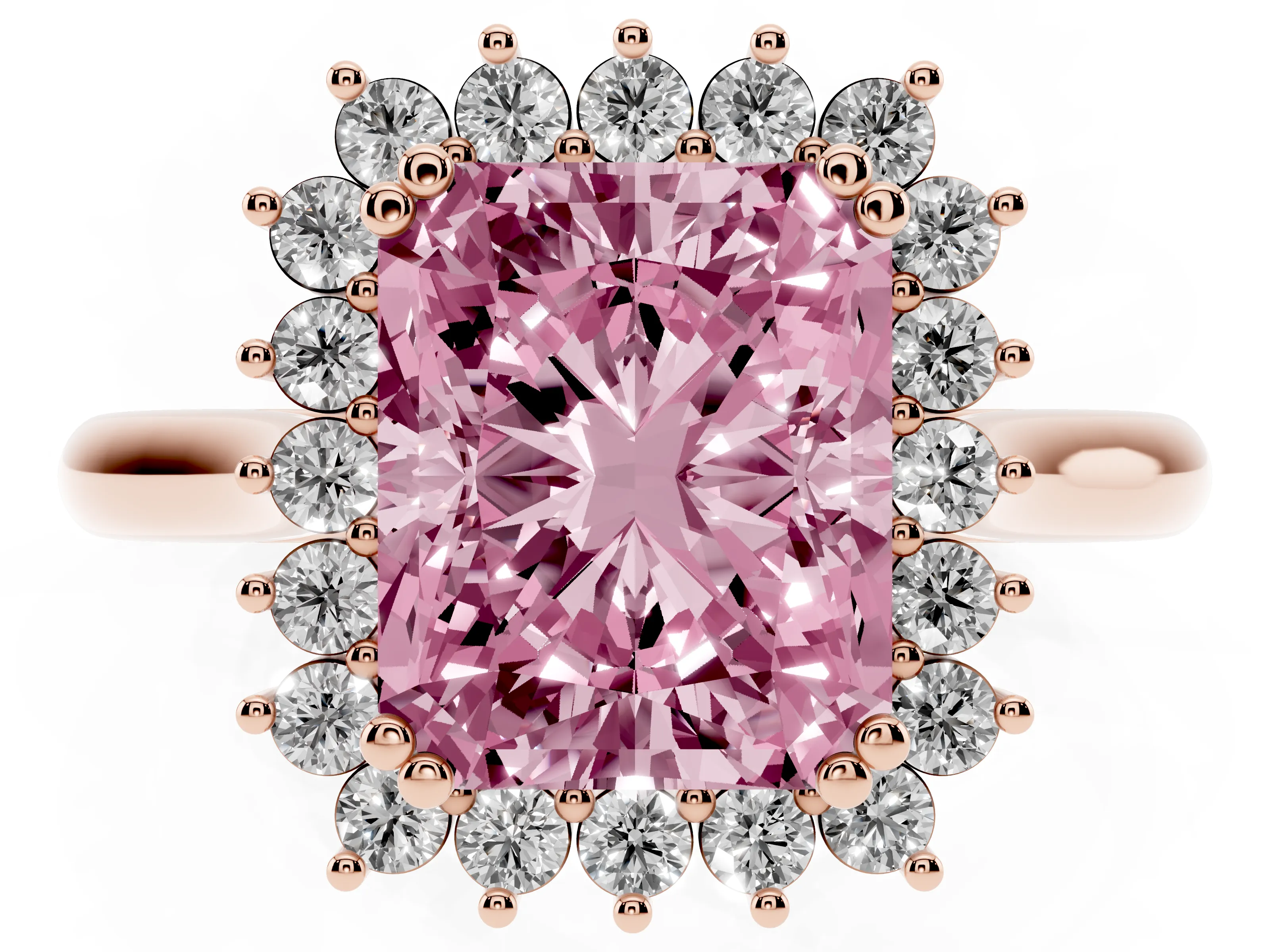 Fancy Pink Radiant Cut Diamond Halo Ring Set in Rose gold with Plain Solitaire Band and Prong Setting