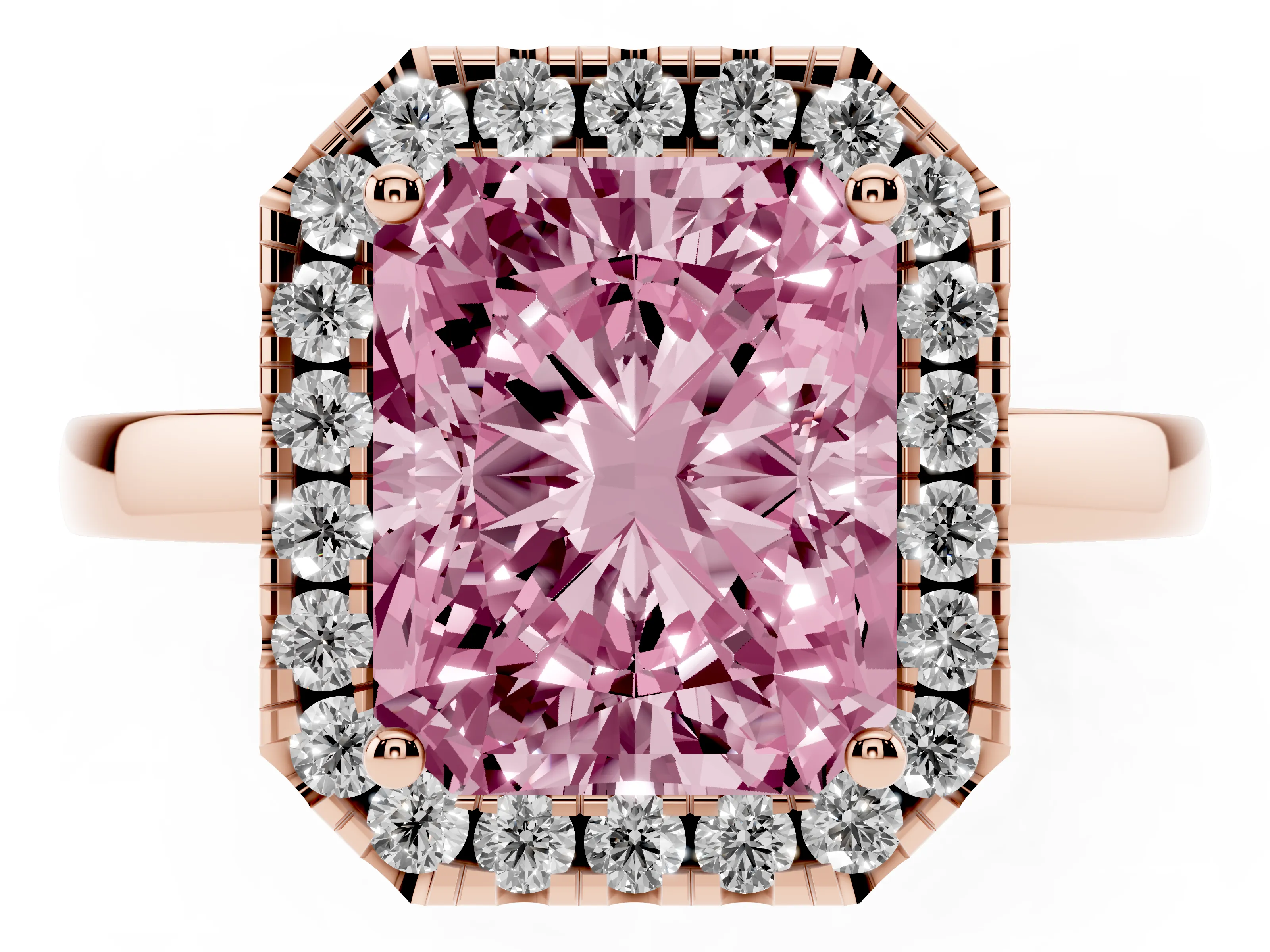 Fancy Pink Radiant Cut Diamond Halo Solitaire Ring Set in Rose gold with Pavé Band and Prong Setting