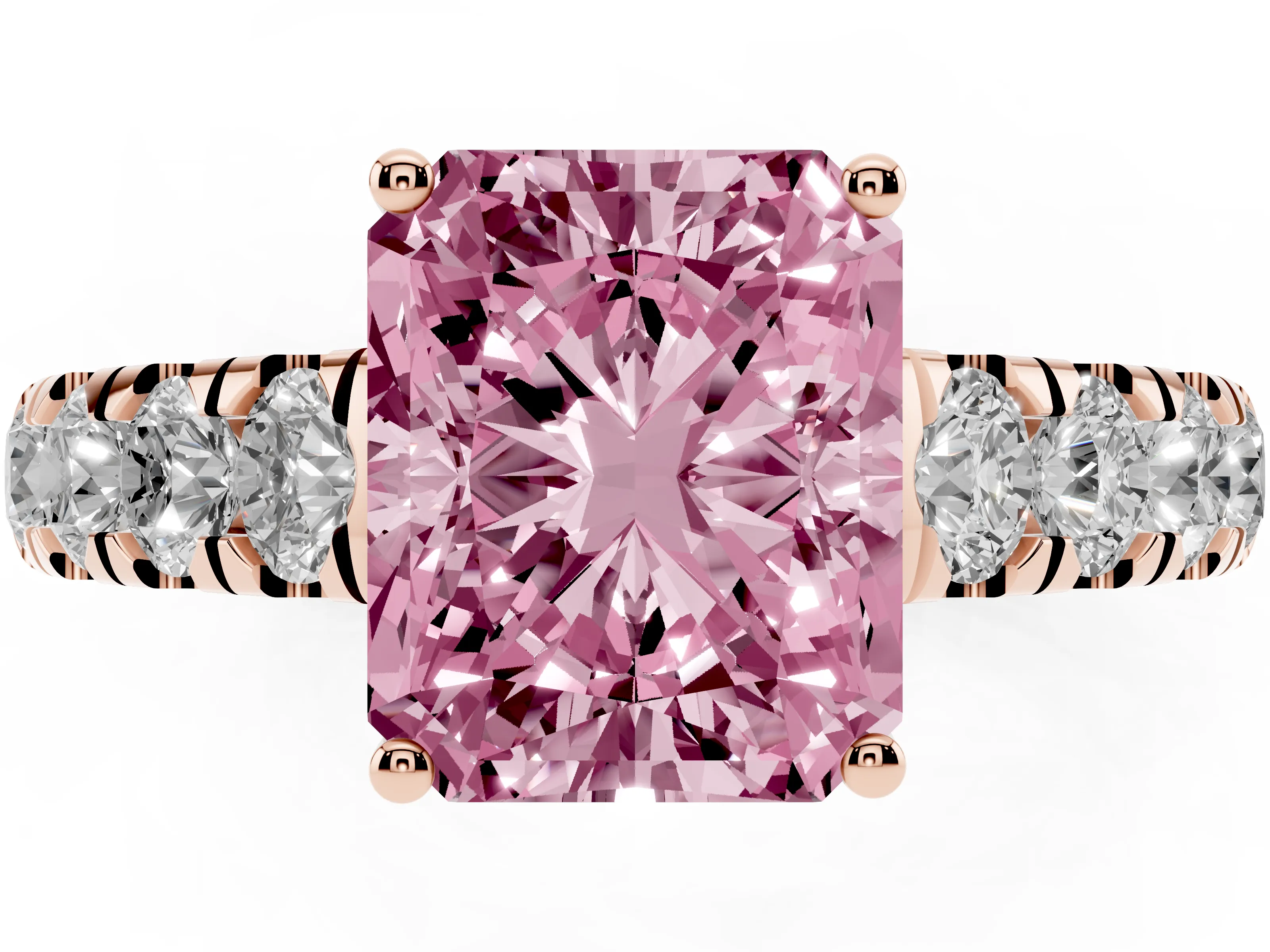 Fancy Pink Radiant Cut Diamond Solitaire Ring Set in Rose gold with Cut-Down Micro Pavé Band and Prong Setting
