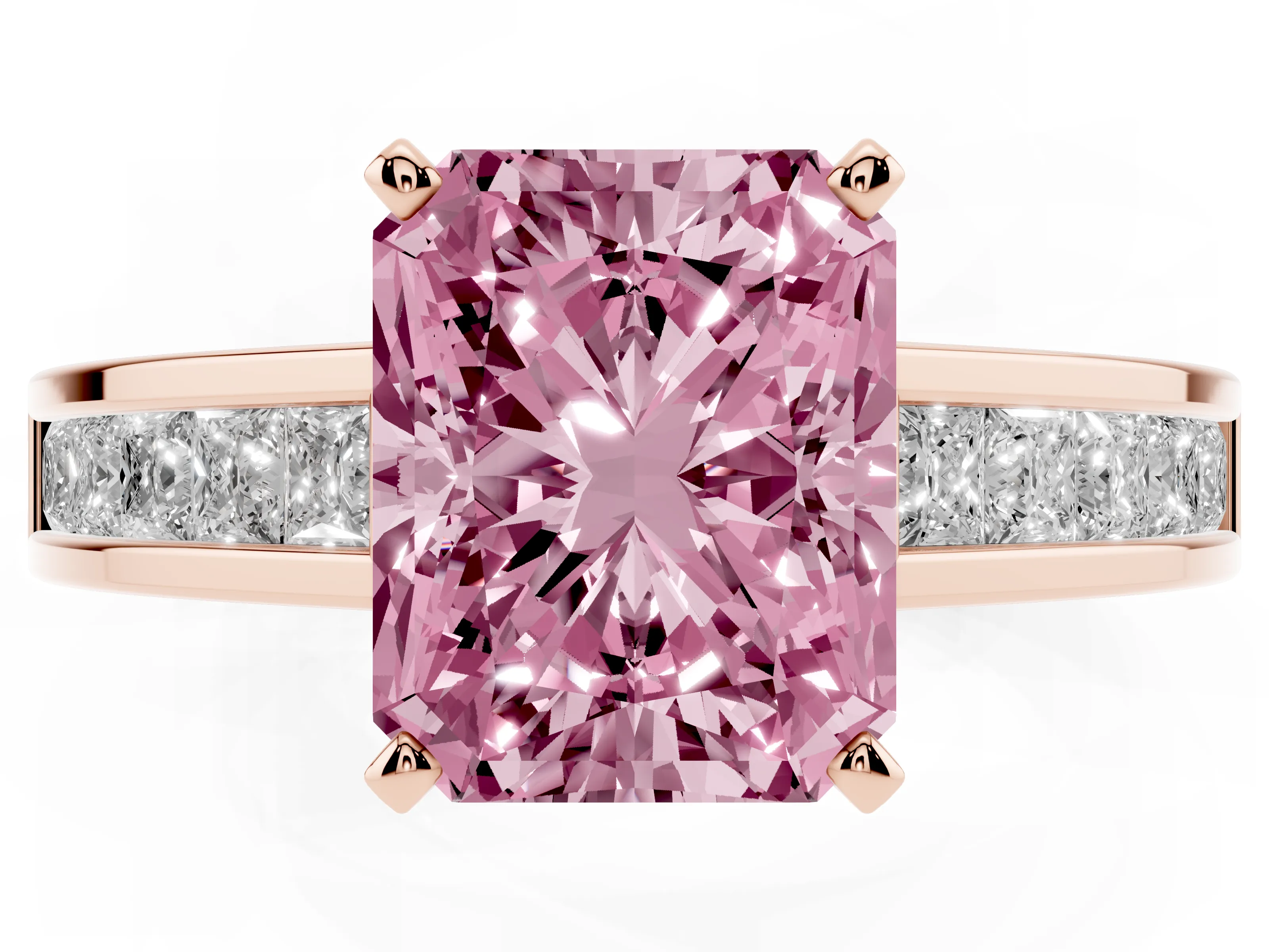 Fancy Pink Radiant Cut Diamond Solitaire Ring Set in Rose gold with Channel-Set Band and Prong Setting