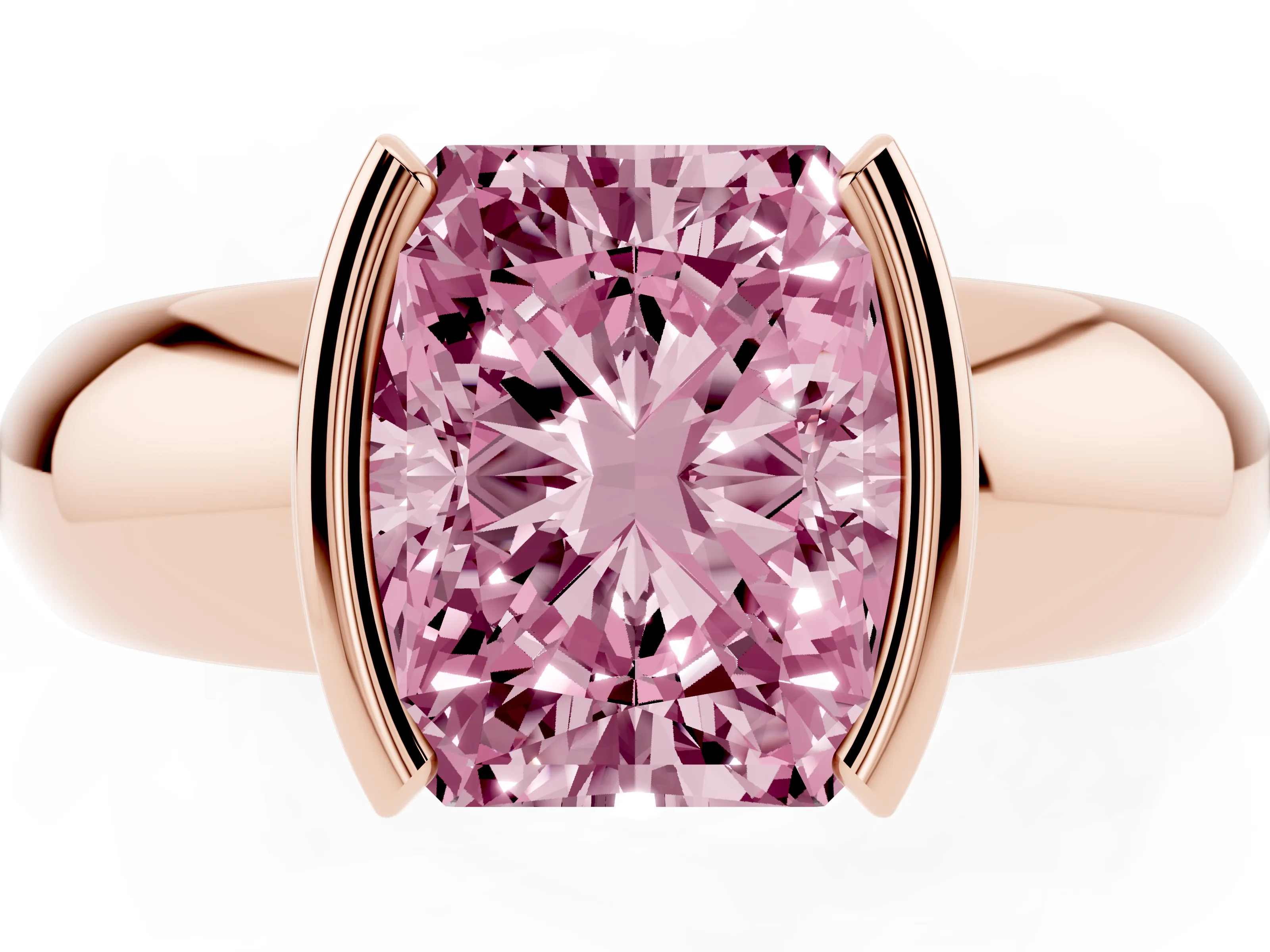 Fancy Pink Radiant Cut Diamond Solitaire Tension Set Ring Set in Rose gold with Wide Band