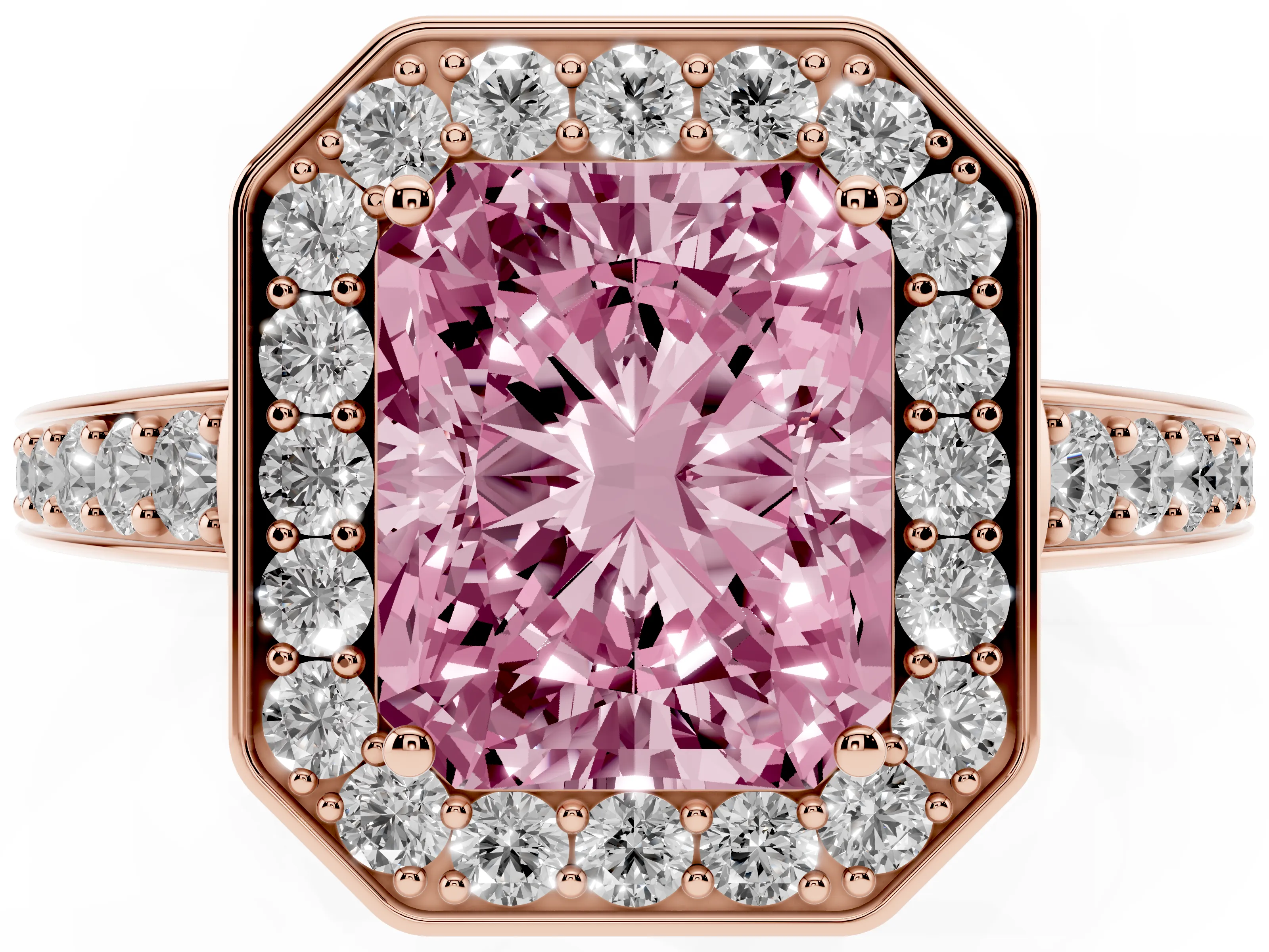 Fancy Pink Radiant Cut Diamond Halo Pavé Engagement Ring Set in Rose gold with Bezel Setting