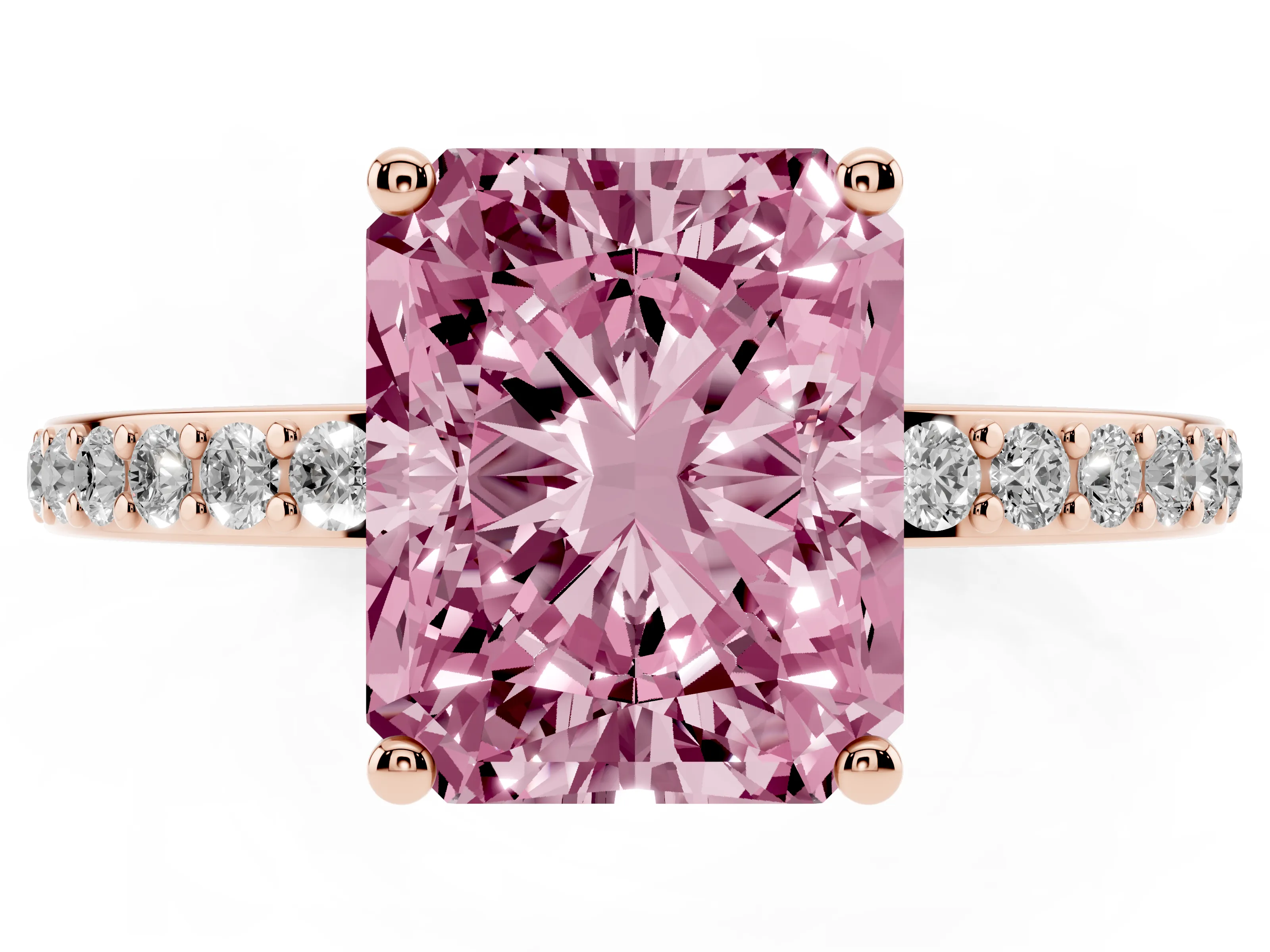 Fancy Pink Radiant Cut Diamond Pavé Band Ring Set in Rose gold with Prong-Set Center Stone