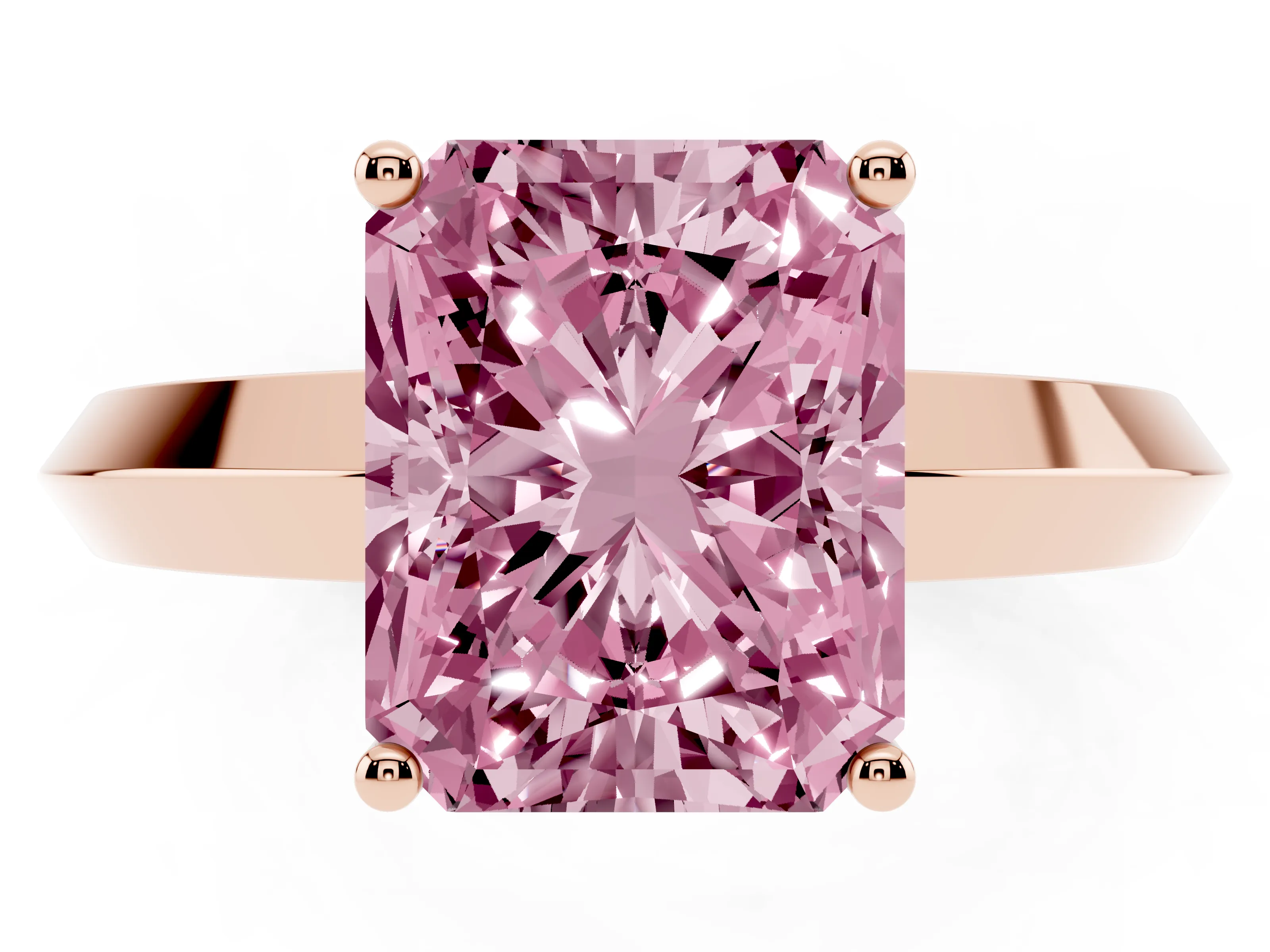 Fancy Pink Radiant Cut Diamond Solitaire Engagement Ring Set in Rose gold with Flat Band and Prong Setting