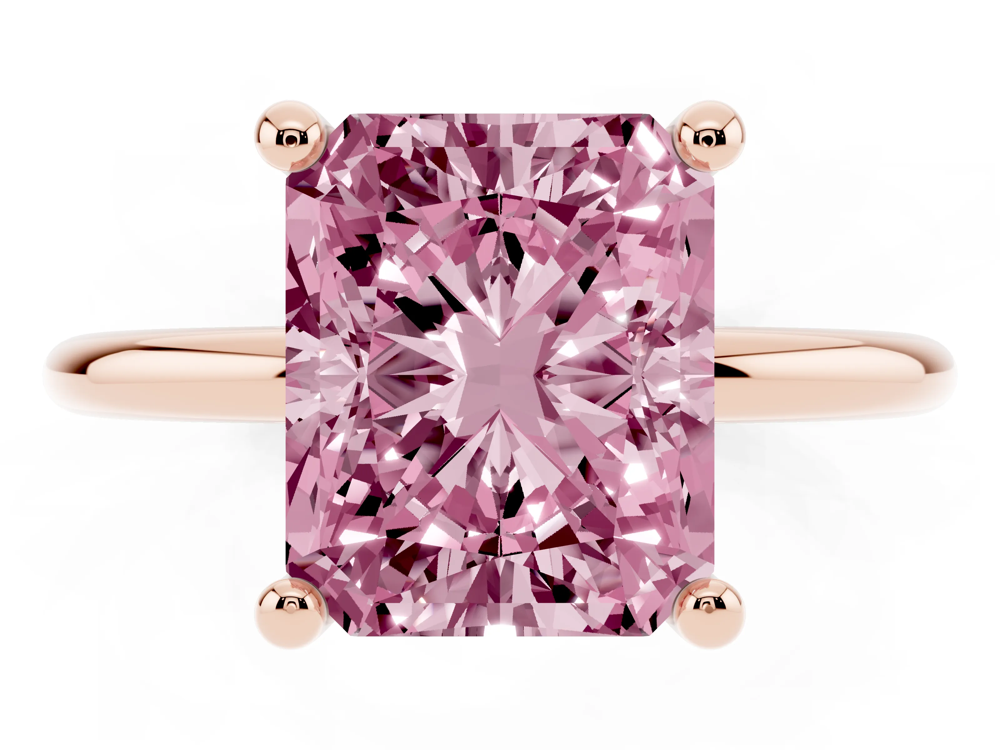 Fancy Pink Radiant Cut Diamond Solitaire Ring Set in Rose gold with Secure Prong Setting on a Classic Band