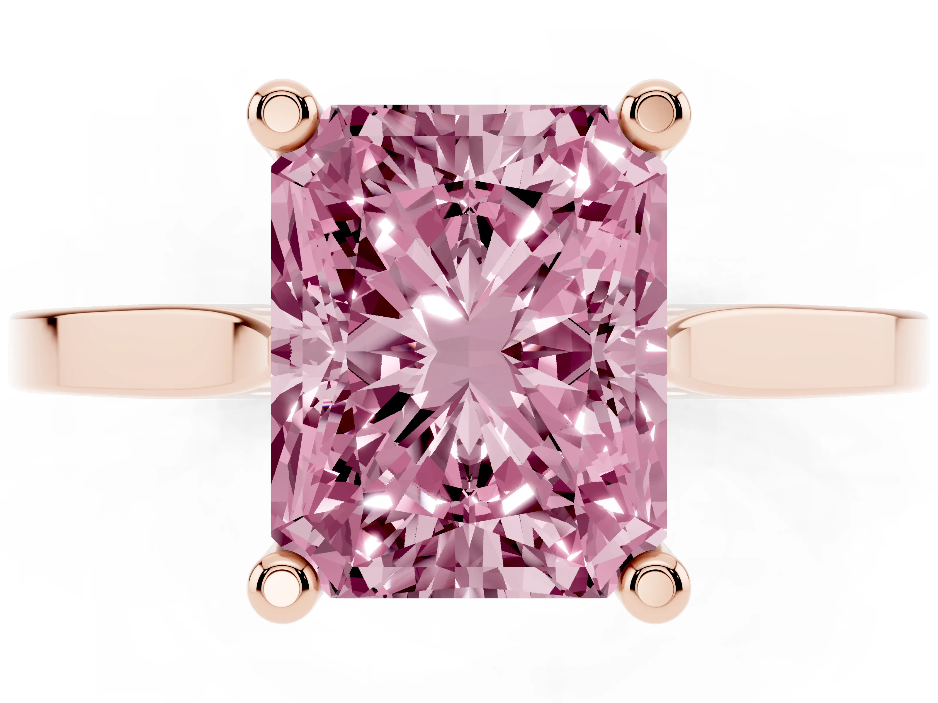 Fancy Pink Radiant Cut Diamond Solitaire Ring Set in Rose gold with Prong Setting and Tapered Band