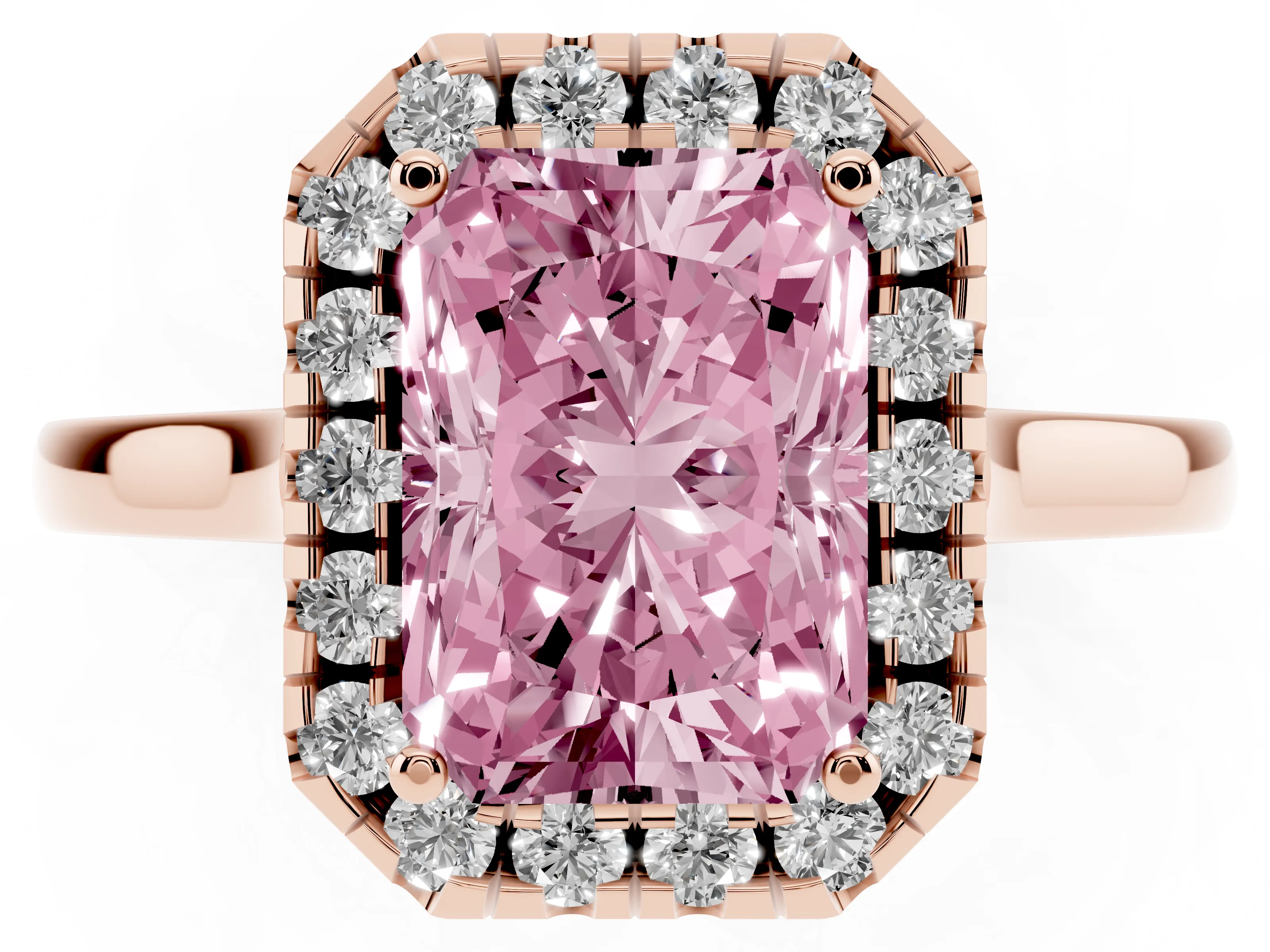 Fancy Pink Radiant Cut Halo Round Diamond Solitaire Ring Set in Rose gold with Pavé Band and Prong Setting