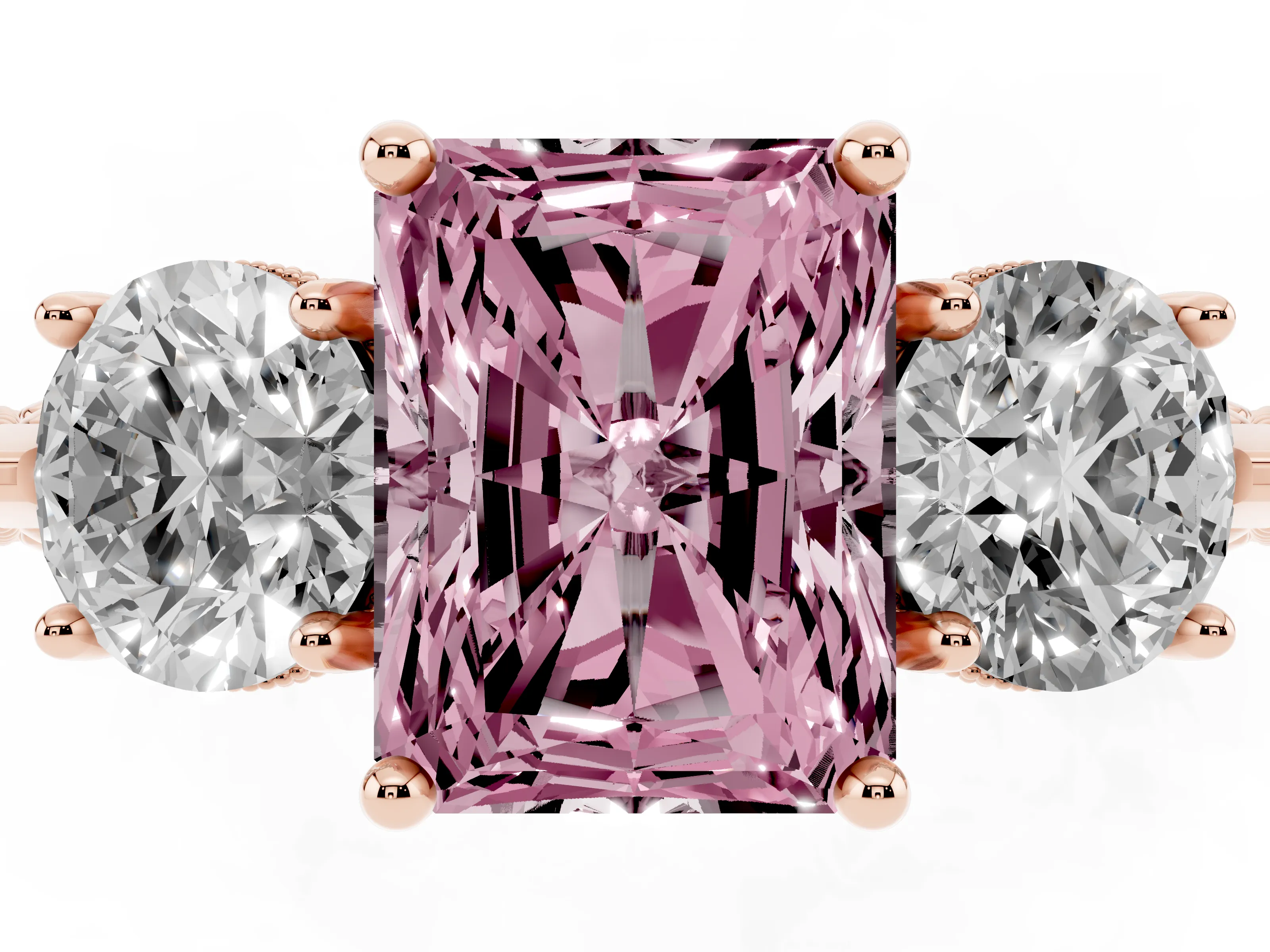 Fancy Pink Radiant Cut Diamond Three-Stone Ring Set in Rose gold with Milgrain Band