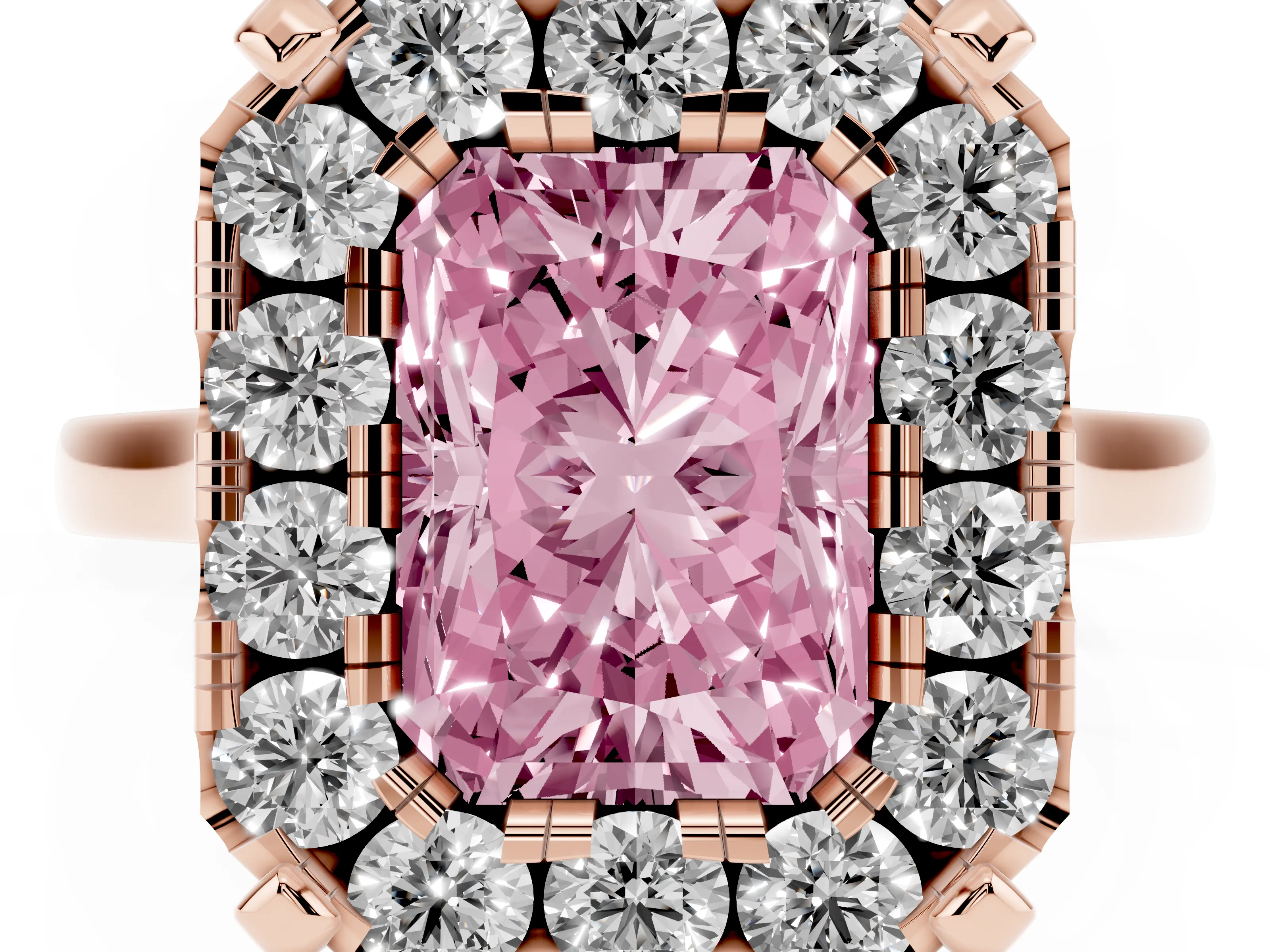 Fancy Pink Radiant Cut Diamond Cluster Halo Solitaire Ring Set in Rose gold with Prong Setting