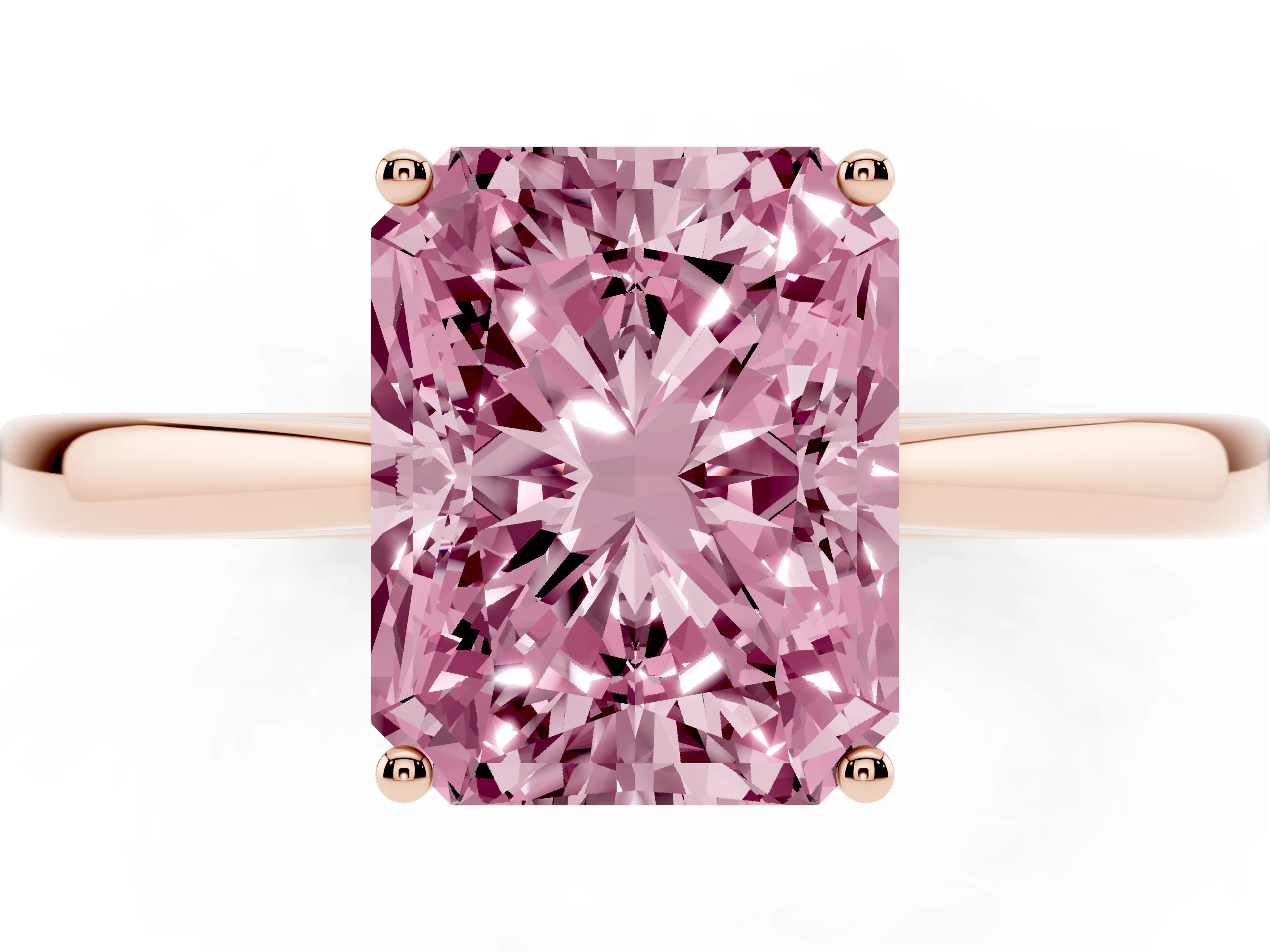 Fancy Pink Radiant Cut Diamond Solitaire Ring Set in Rose gold with Split Shank and Prong Setting