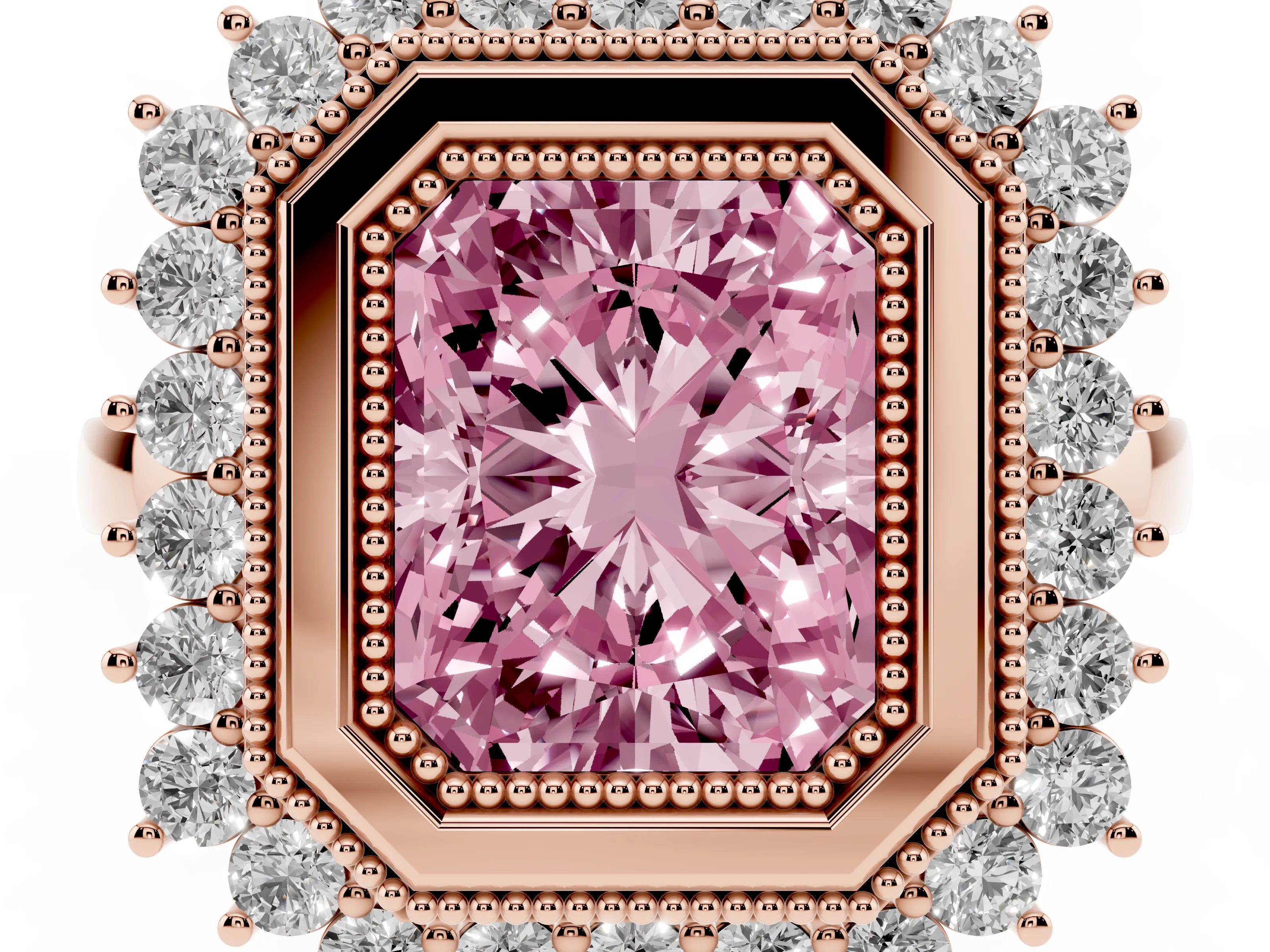 Fancy Pink Radiant Cut Diamond Halo Ring Set in Rose gold with Milgrain Edge and Round Prong Setting