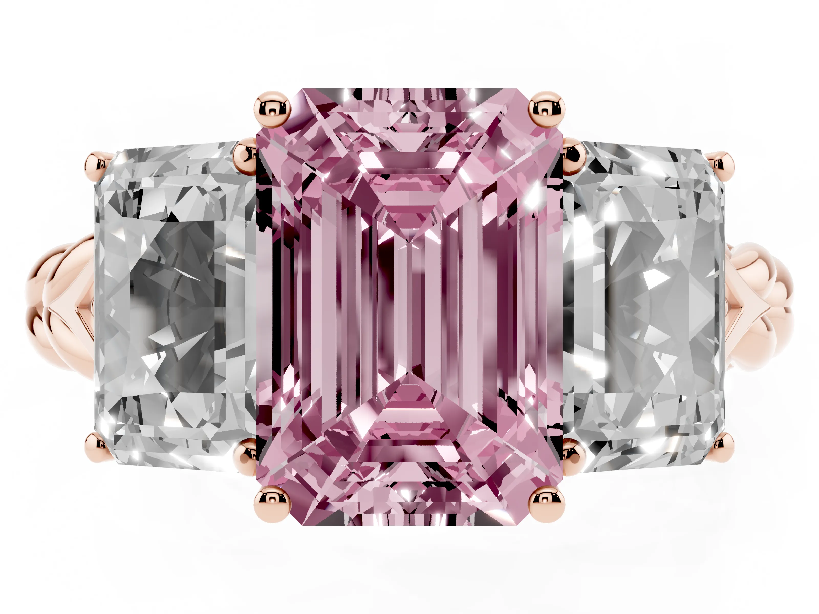 Fancy Pink Radiant Cut Diamond Three-Stone Ring Set in Rose gold with Braided Band