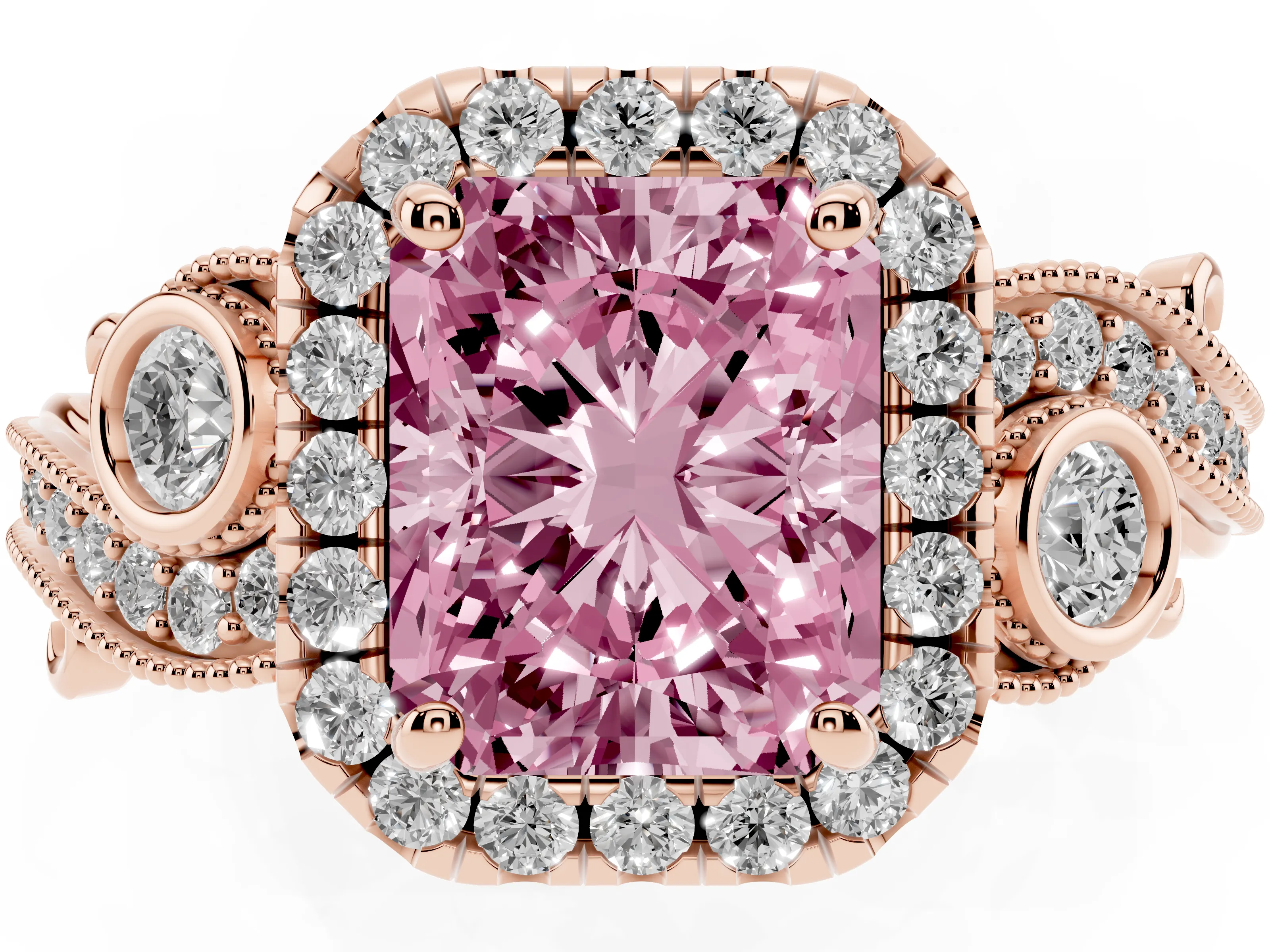 Fancy Pink Radiant Cut Diamond Halo Ring Set in Rose gold with Milgrain Pavé Band and Prong Setting
